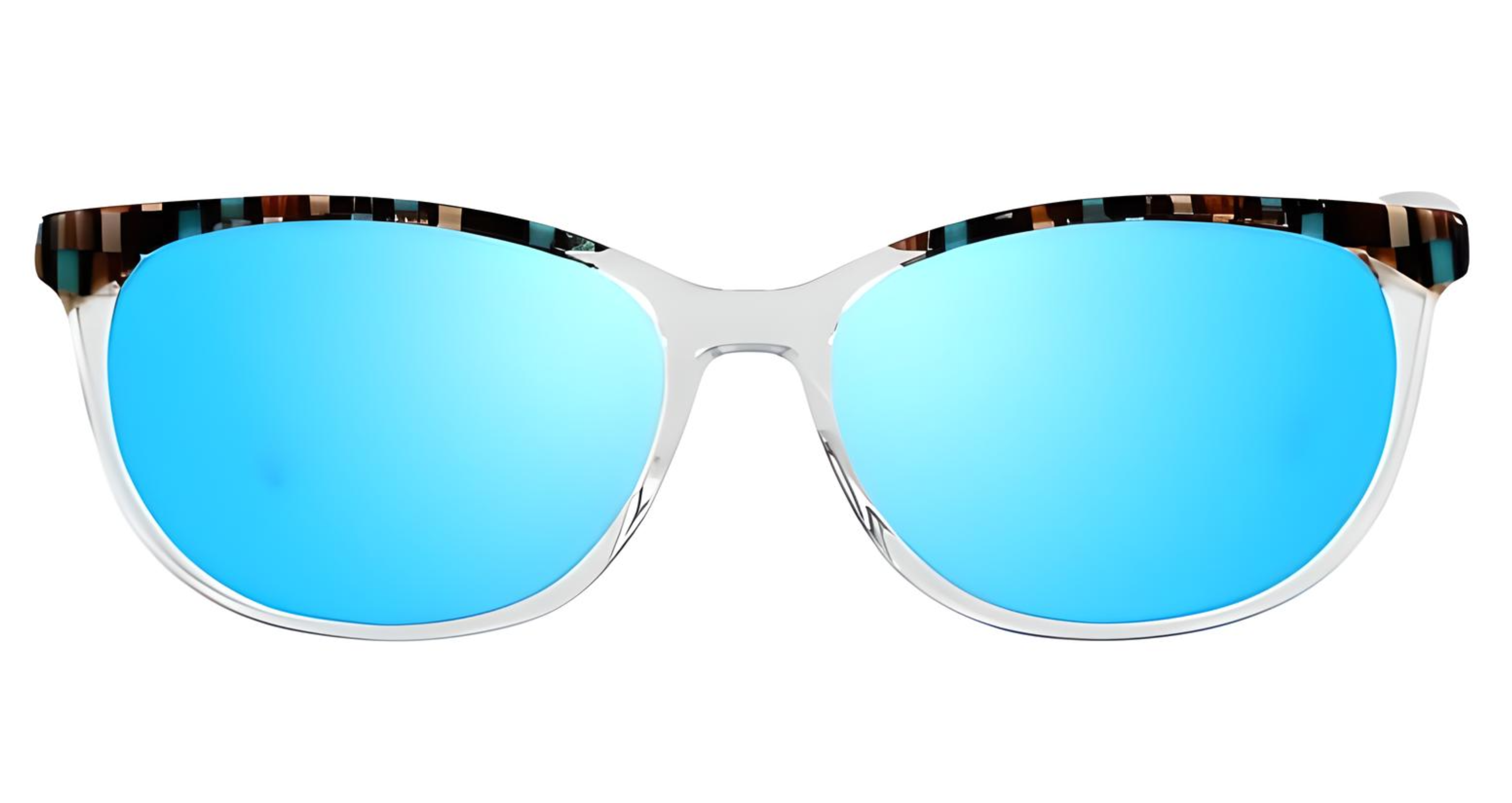 Missandtrendy cat-eye sunglasses with clear frame and mirror blue lens front side view