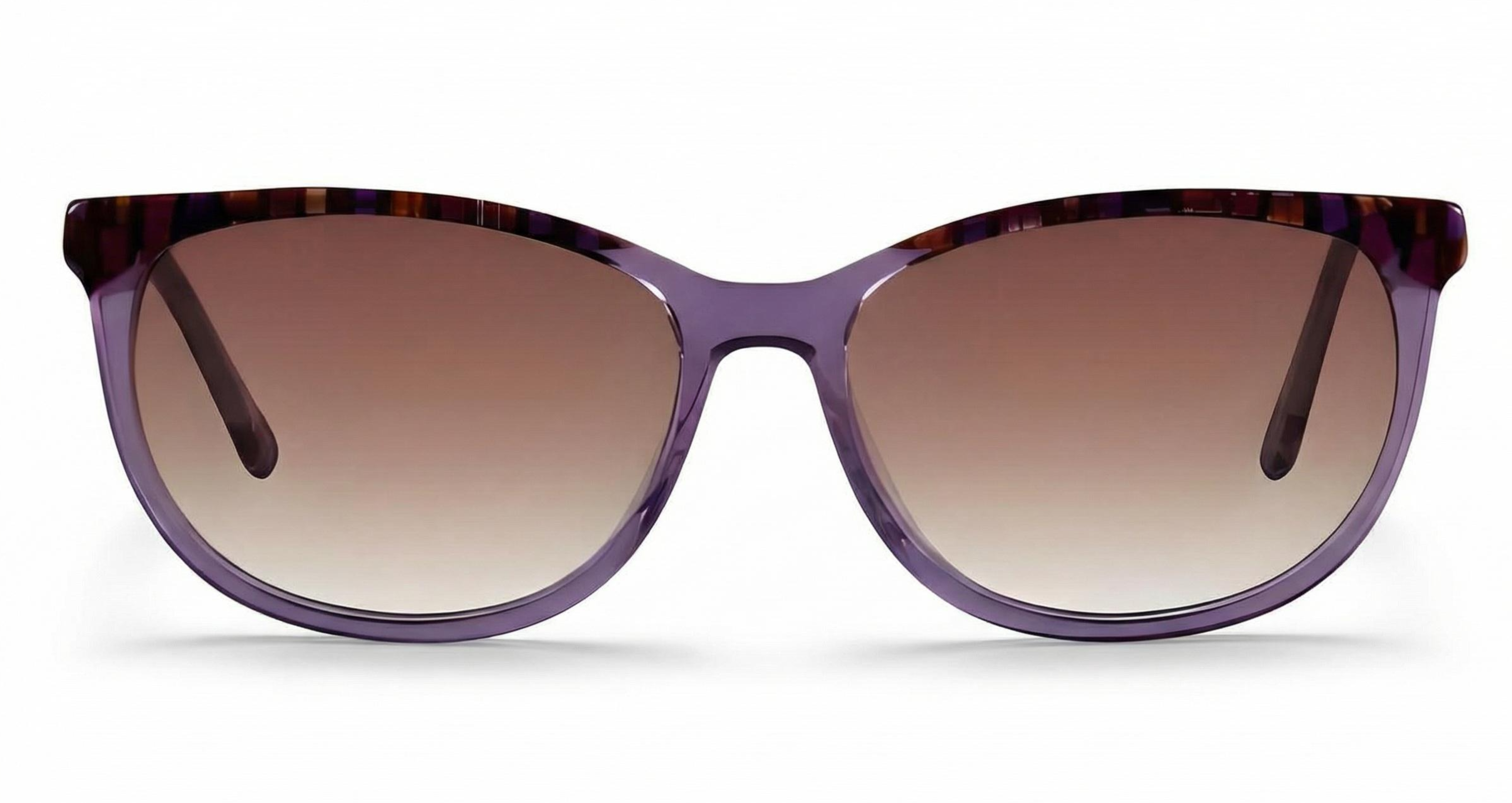 Missandtrendy cat-eye sunglasses with purple frame and gradient brown lens front side view new