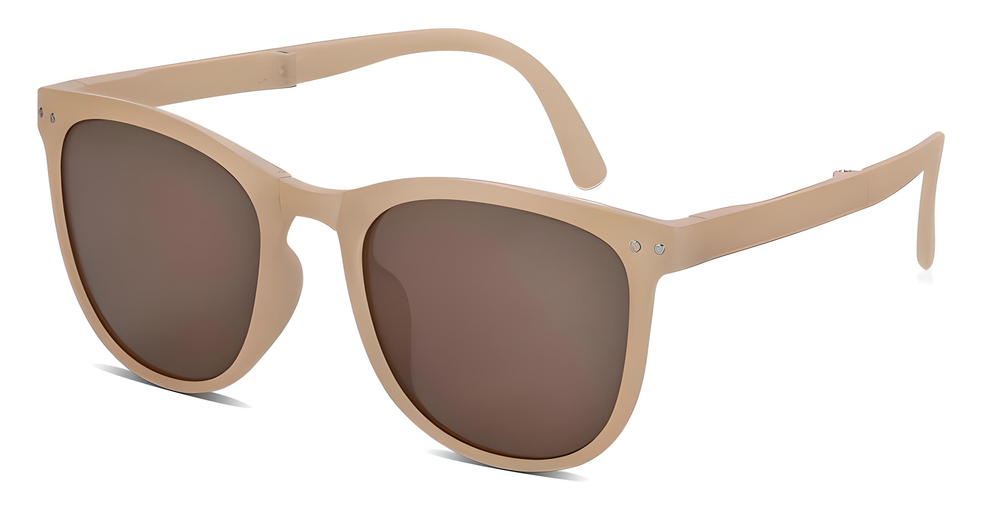 Missandtrendy convert round foldable sunglasses with beige frame and brown lens 45º side view