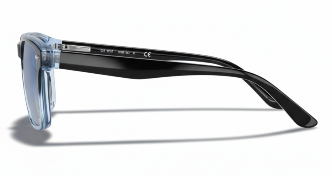 Missandtrendy Edinburgh wayfarer sunglasses with black frame and gradient blue lens 90º side view new style