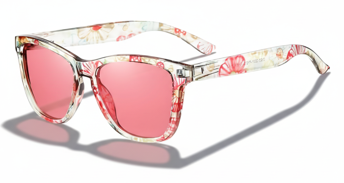 Missandtrendy dreamlike wayfarer sunglasses with flower pattern frame and pink lens 45º side view