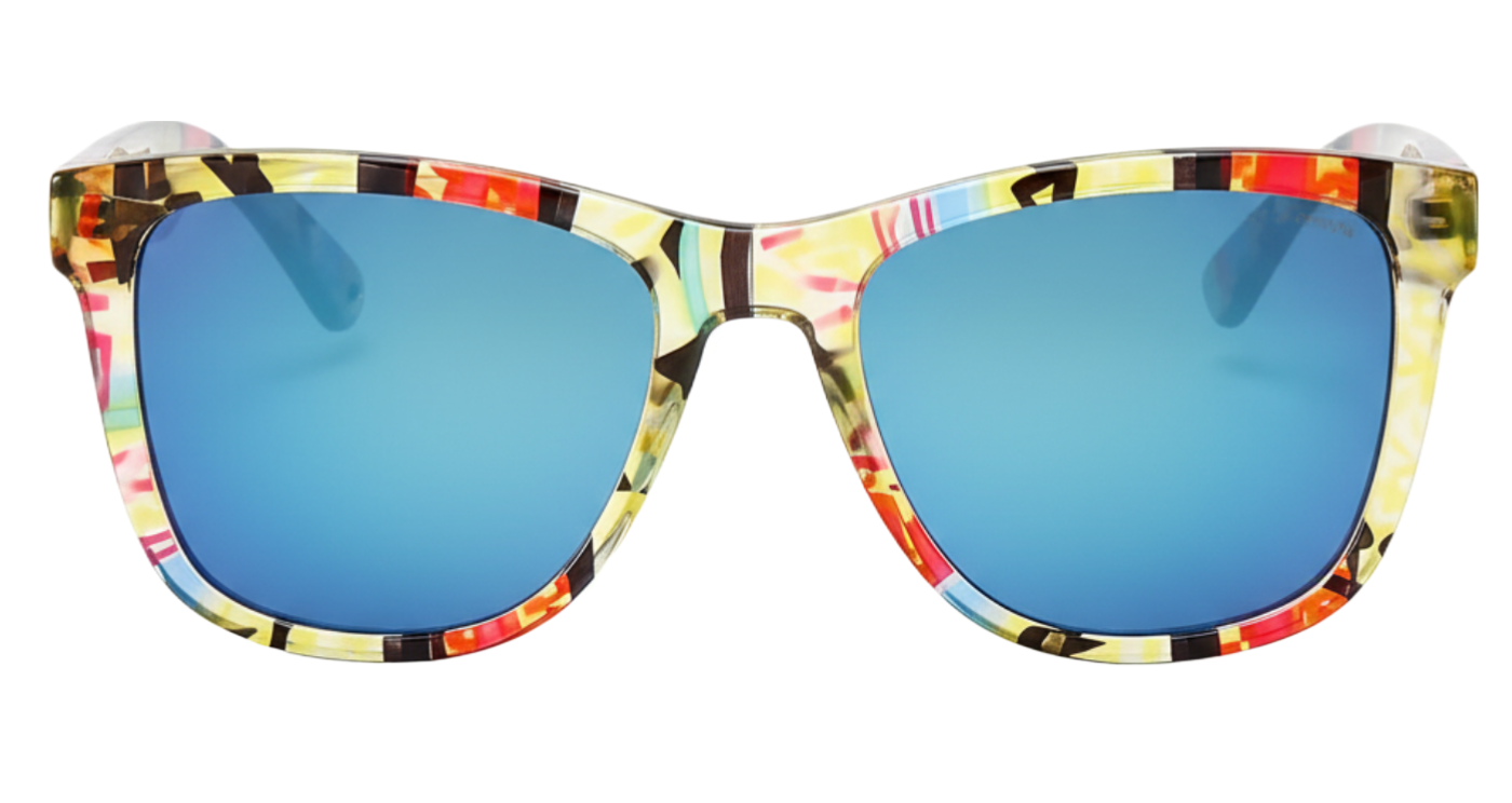 Missandtrendy dreamlike wayfarer sunglasses with pattern frame and mirror blue lens 0º side view mozaic color style
