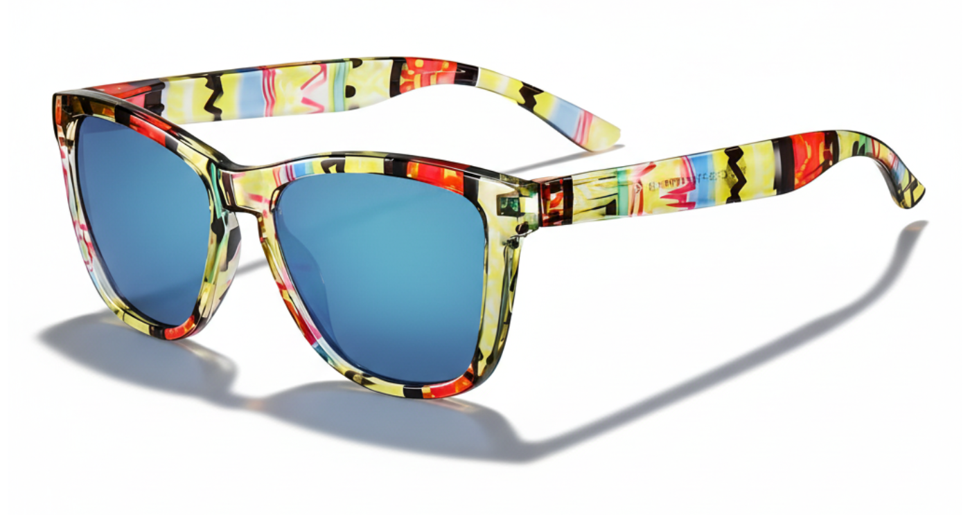 Missandtrendy dreamlike wayfarer sunglasses with pattern frame and mirror blue lens 45º side view
