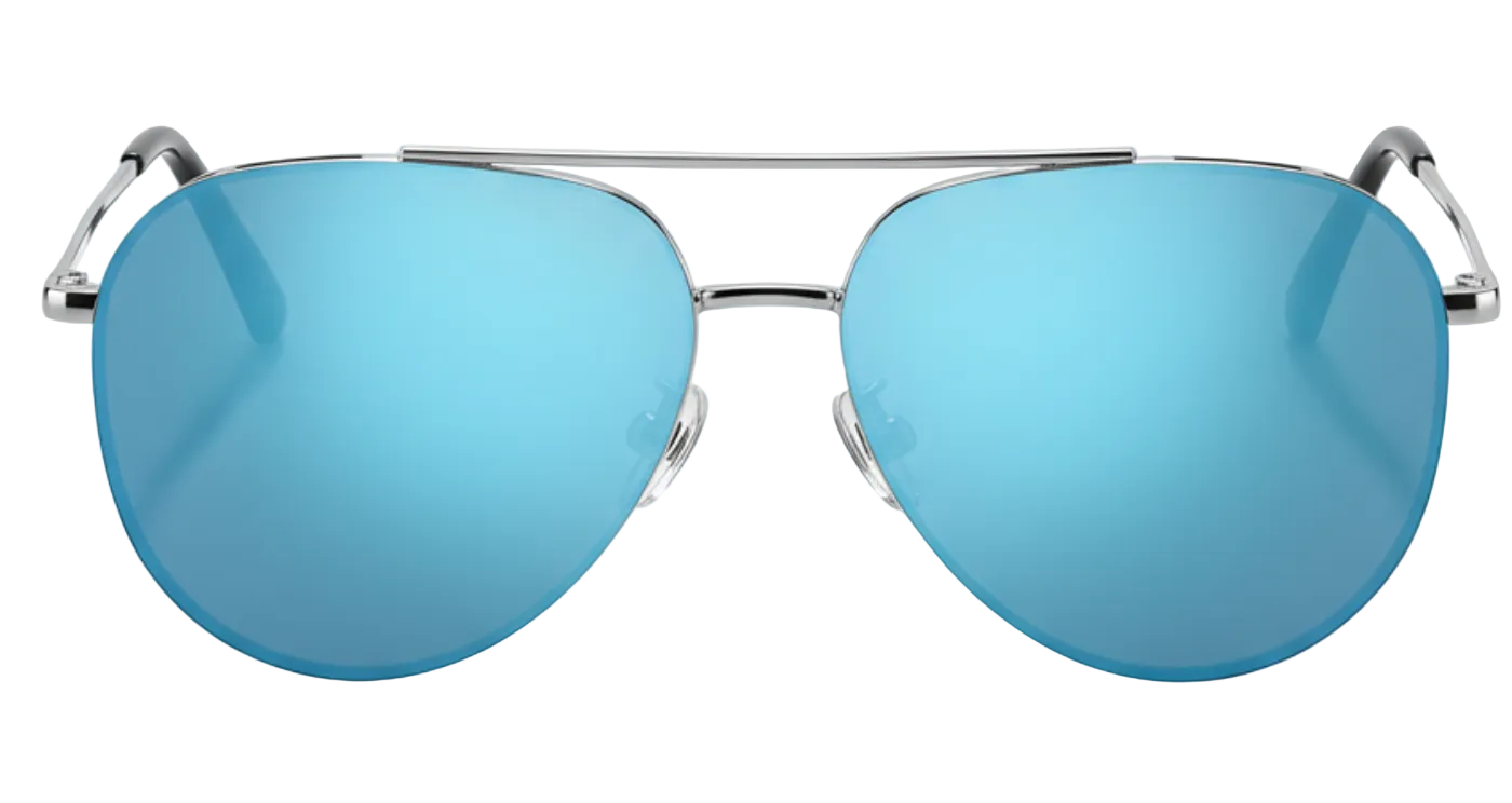 Missandtrendy future Aviator polarised UV400 sunglasses with silver frame and mirror blue lens 0º side and white background_01