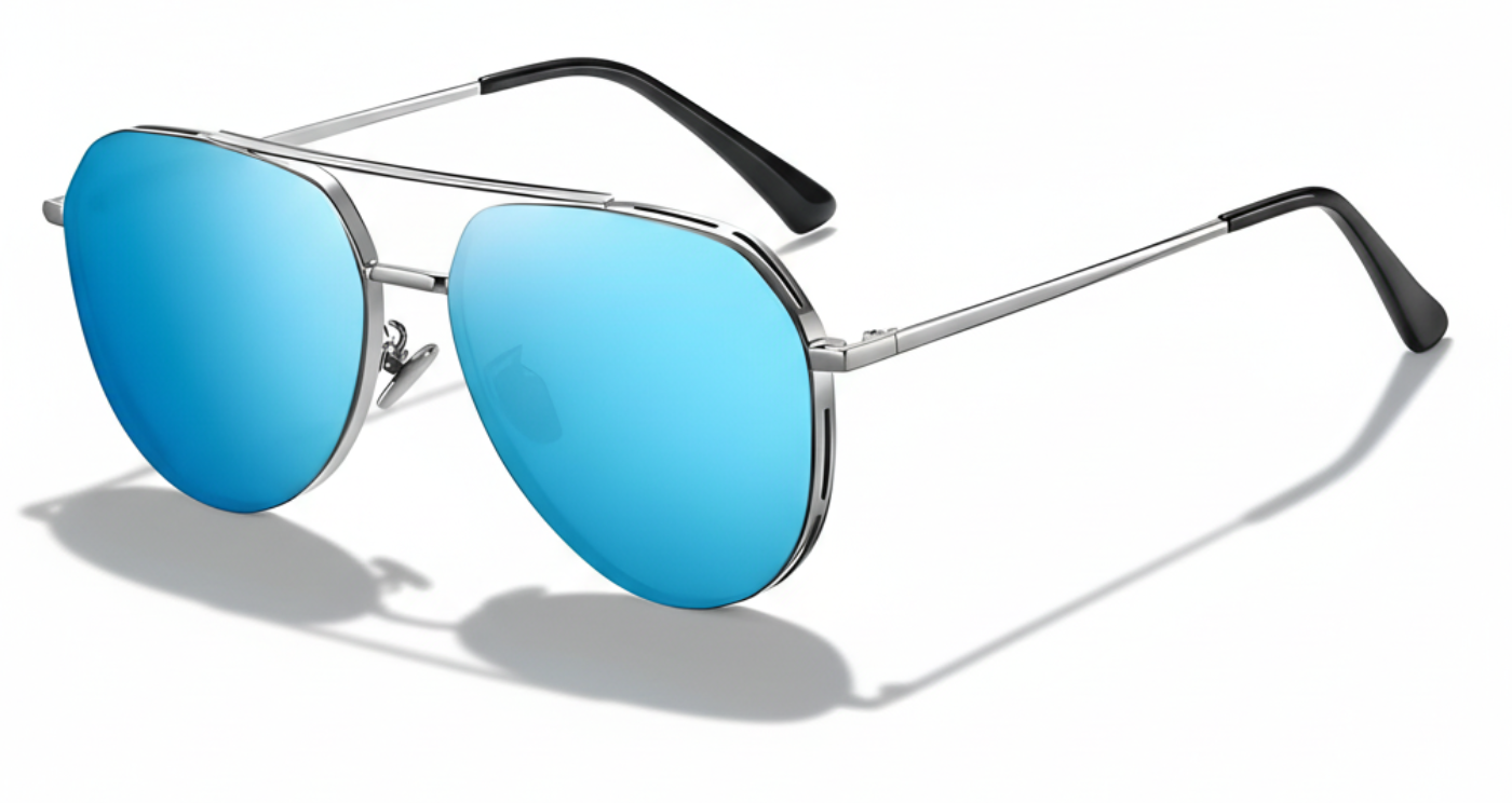 Missandtrendy future Aviator polarised UV400 sunglasses with silver frame and mirror blue lens 45º side and white background_01