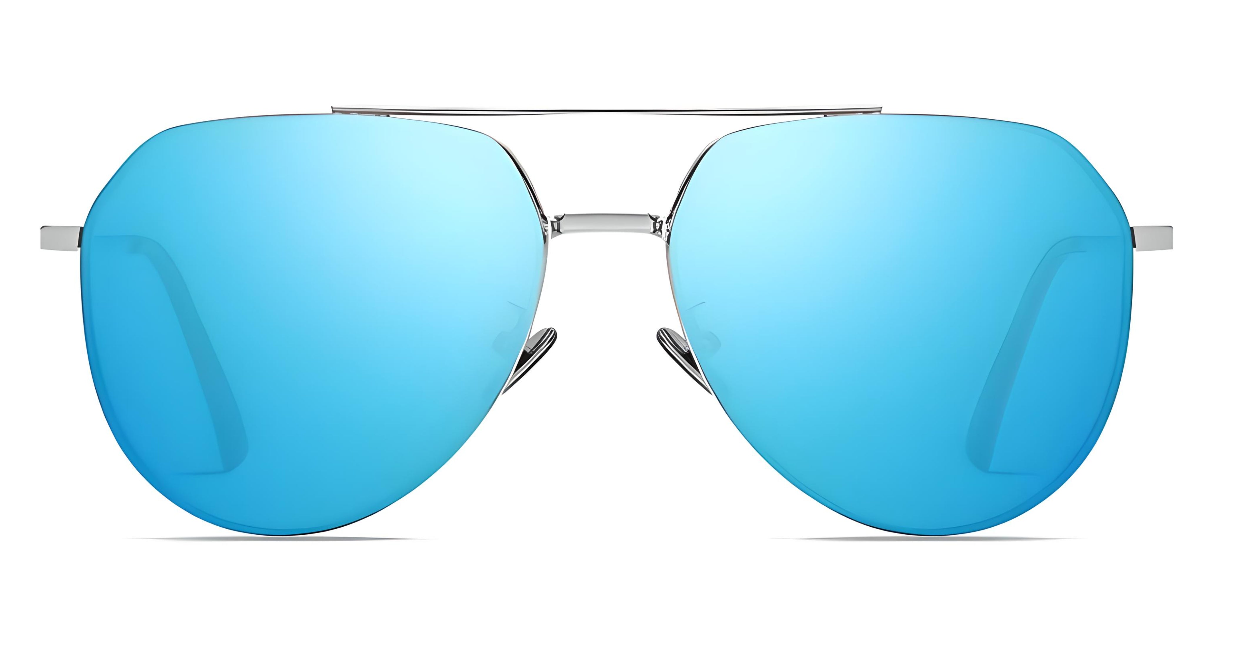 Missandtrendy future Aviator polarised UV400 sunglasses with silver frame and mirror blue lens front side and white background