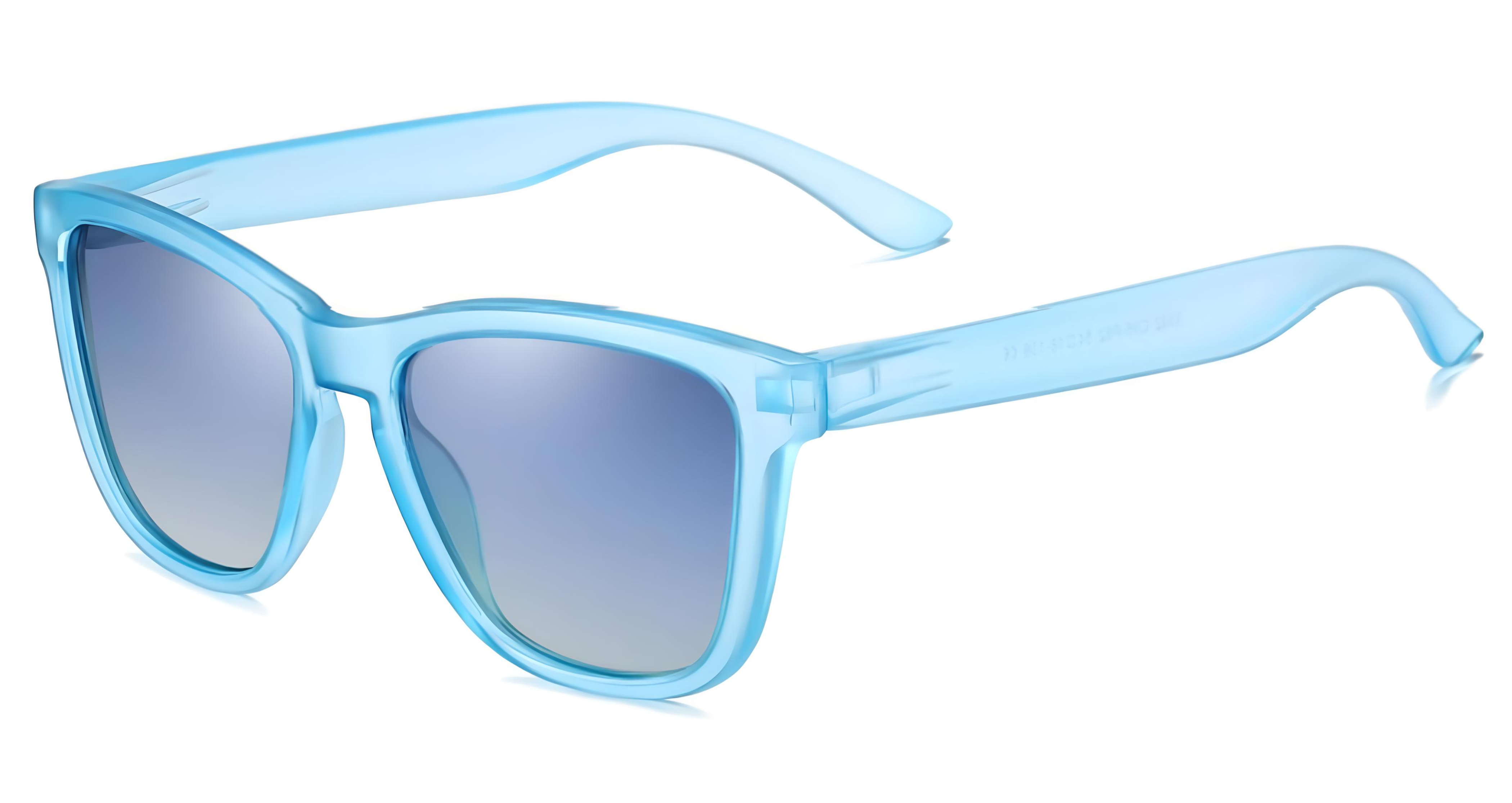 Missandtrendy rainbow wayfarer sunglasses with clear blue frame and blue lens 45º side view