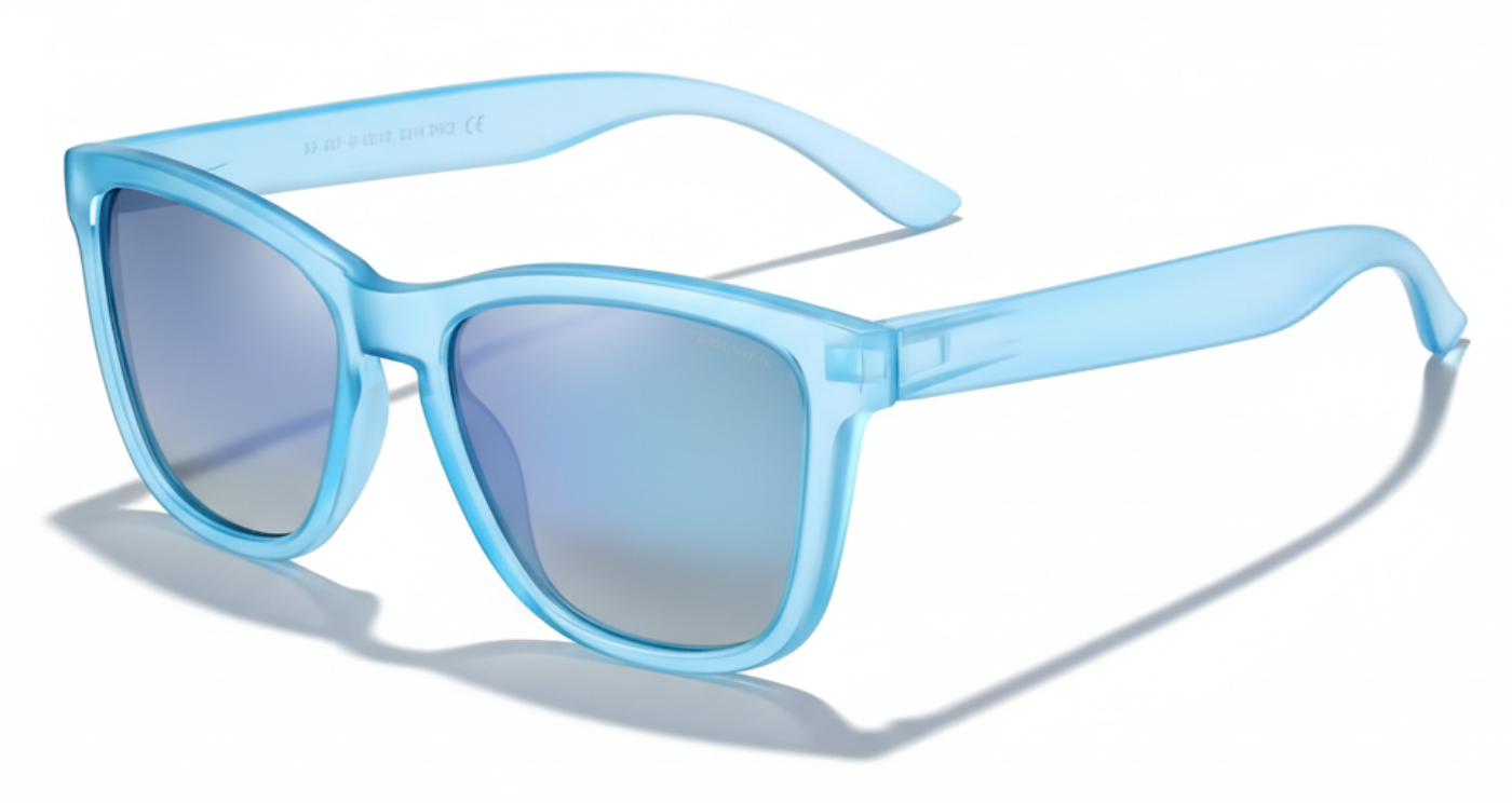 Missandtrendy rainbow wayfarer sunglasses with clear blue frame and blue lens front 45º side view_01