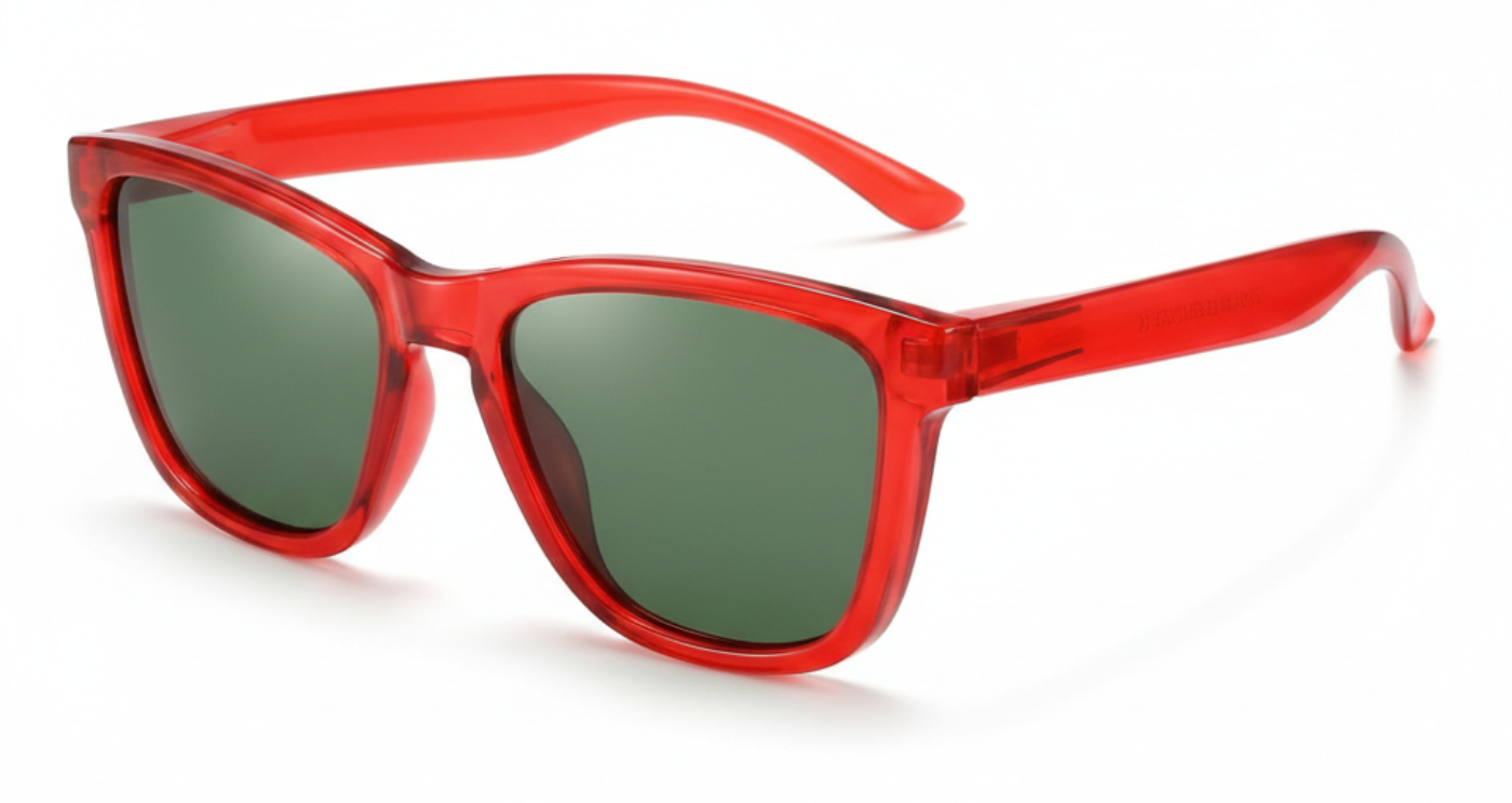 Missandtrendy rainbow wayfarer sunglasses with clear red frame and green lens 45º side view_new_01