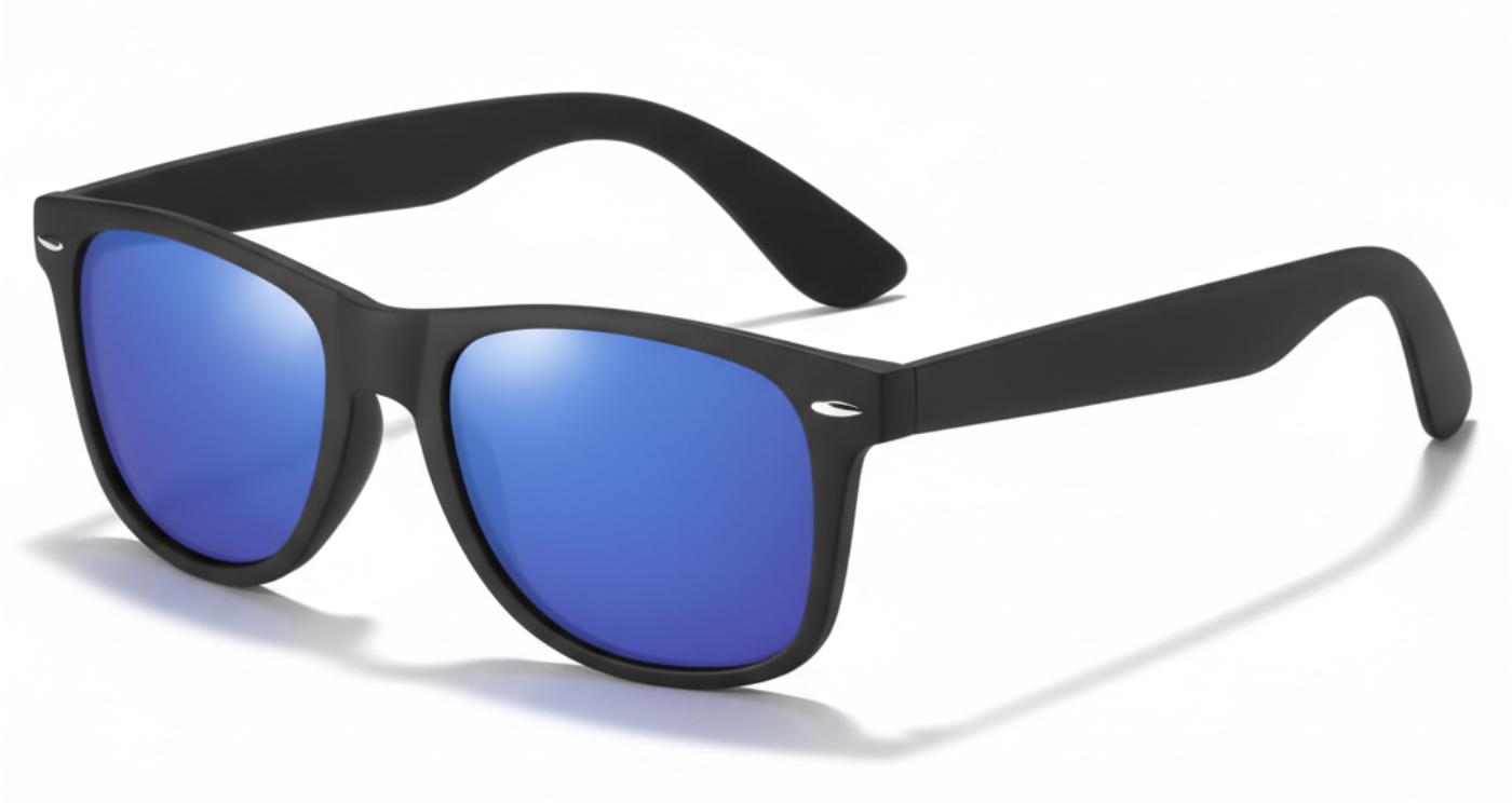 Missandtrendy sunshine wayfarer sunglasses with black frame and mirror blue lens 45º side view_01