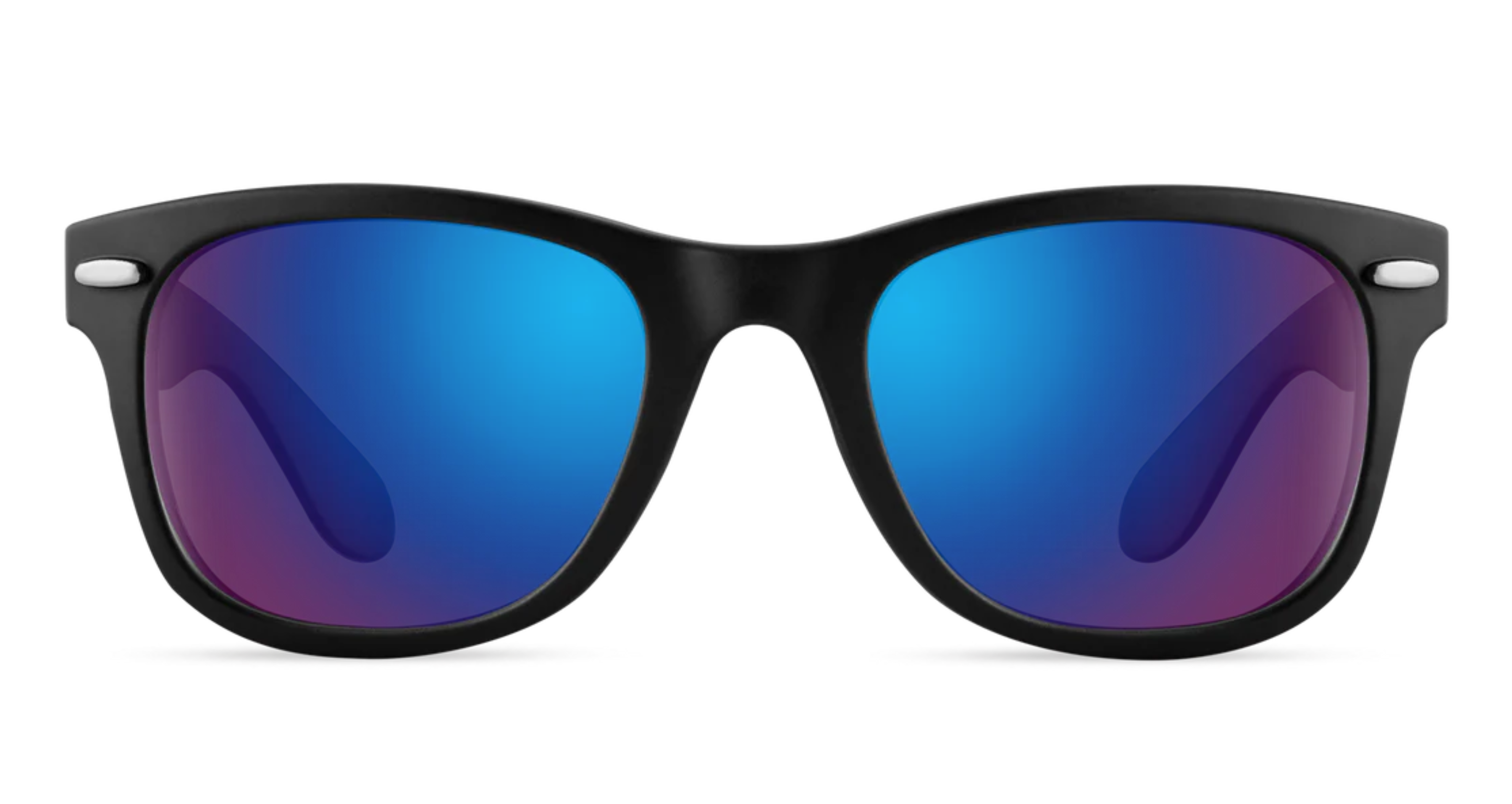 Missandtrendy_sunshine_wayfarer_sunglasses_with_black_frame_and_mirror_blue_lens_front_side_view