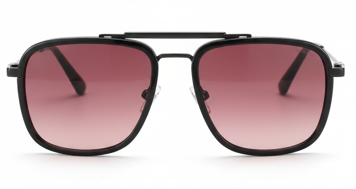 Missandtrendy vegas aviator sunglasses with black rectangular frame and gradient burgundy lens front side view