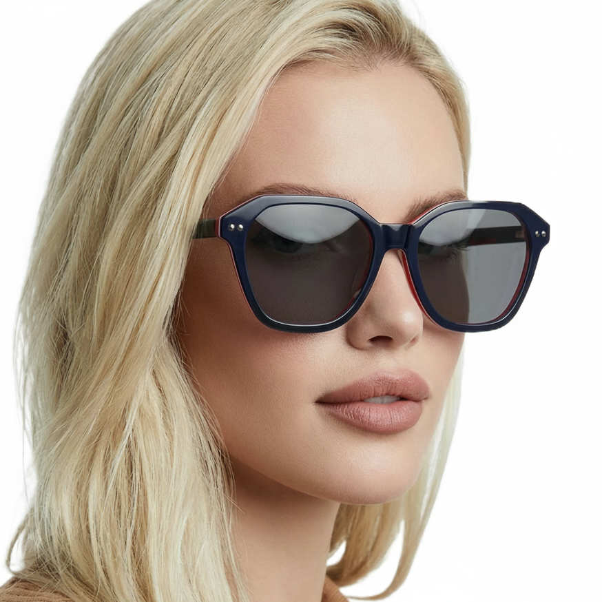 Model wearing Missandtrendy Evolution geometric sunglasses with black red frame and black clip lens 45º side_03