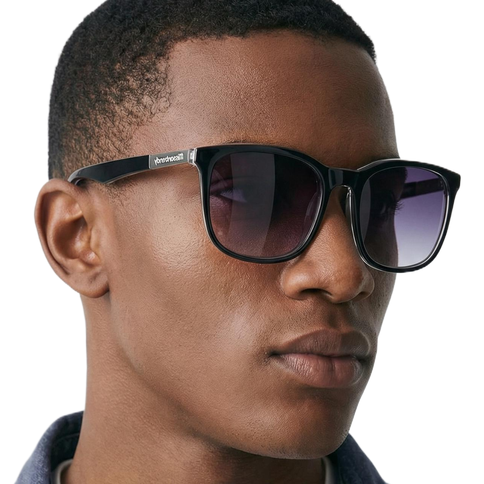 Model wearing Missandtrendy London wayfarer sunglasses with black silver frame and black lens 45º side view_0