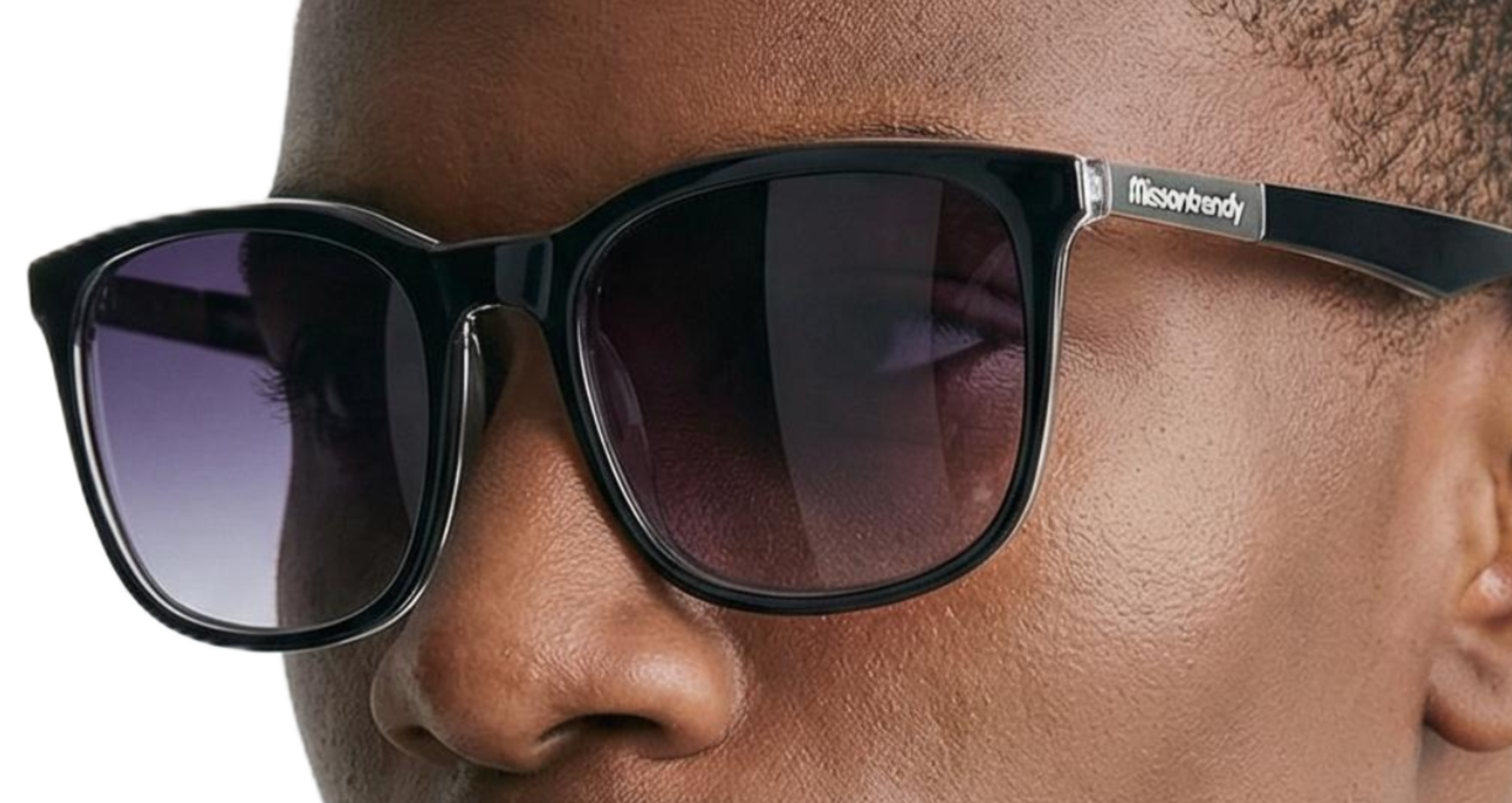 Model wearing Missandtrendy London wayfarer sunglasses with black silver frame and black lens 45º side view_man