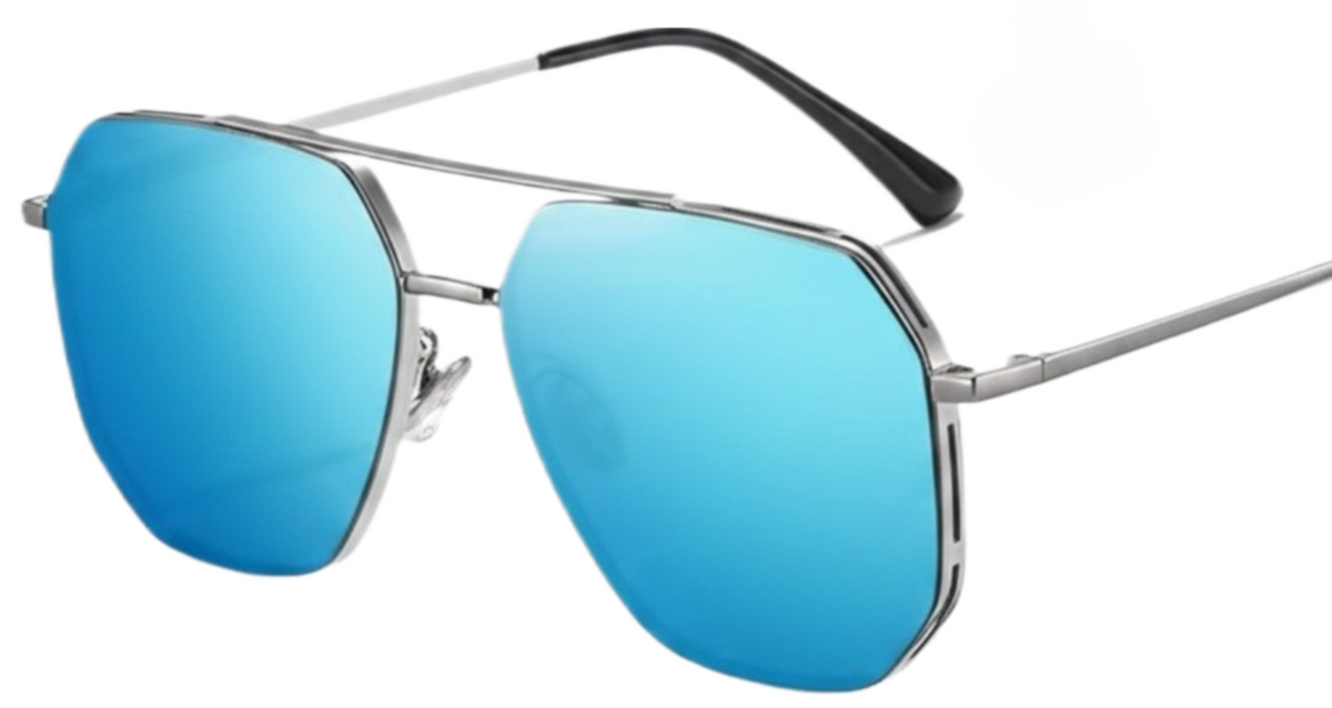 Missandtrendy future Aviator polarised UV400 sunglasses with silver frame and mirror blue lens 45º side and white background cropped.