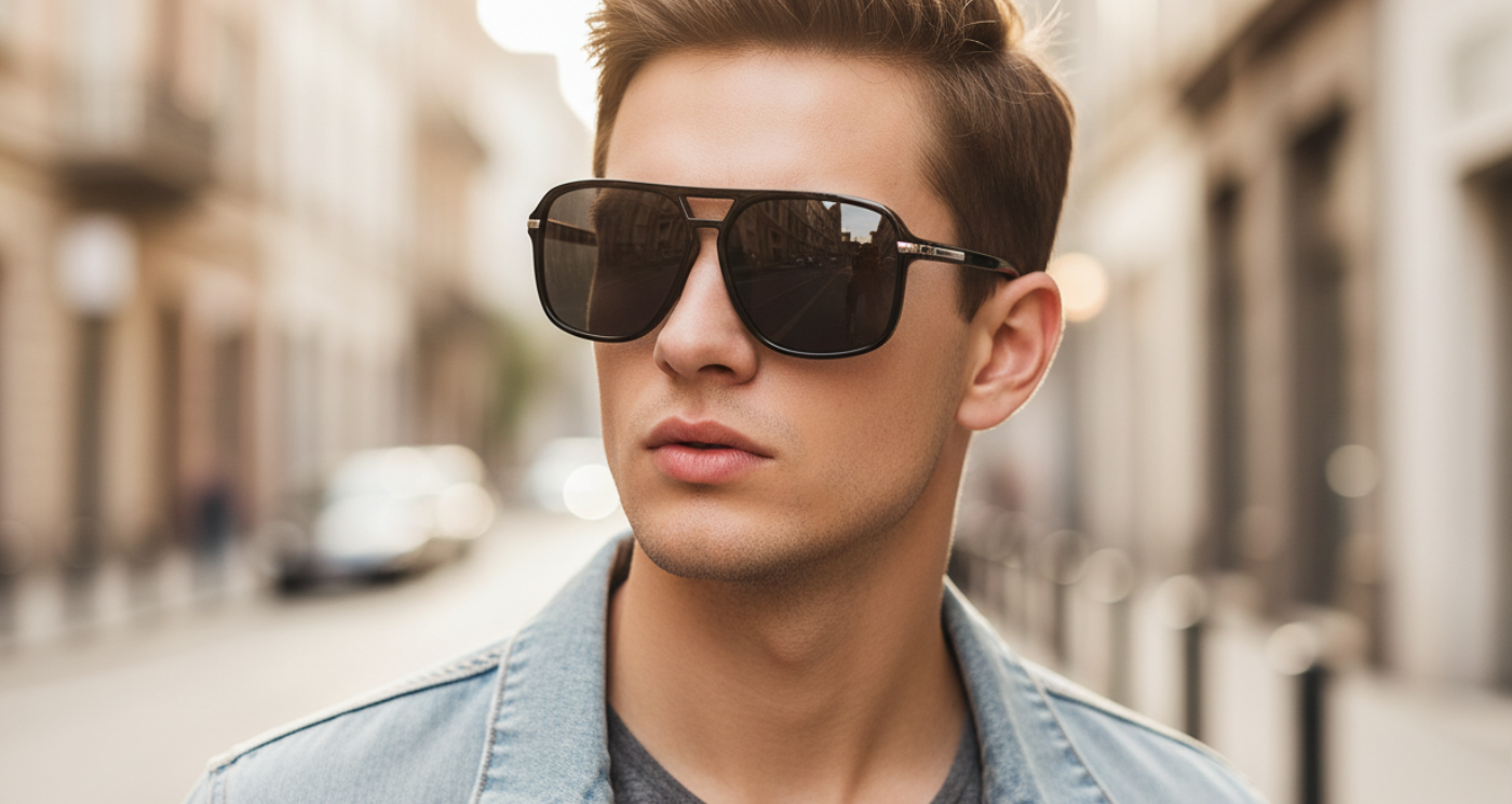 Missandtrendy Piccadilly Aviator stylesunglasses with black frame and black lens with male model