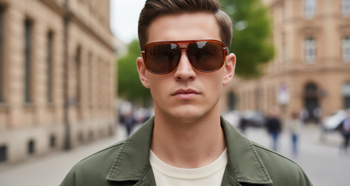 Missandtrendy Piccadilly wayfarer sunglasses with Brown frame and brown lens on Male Model