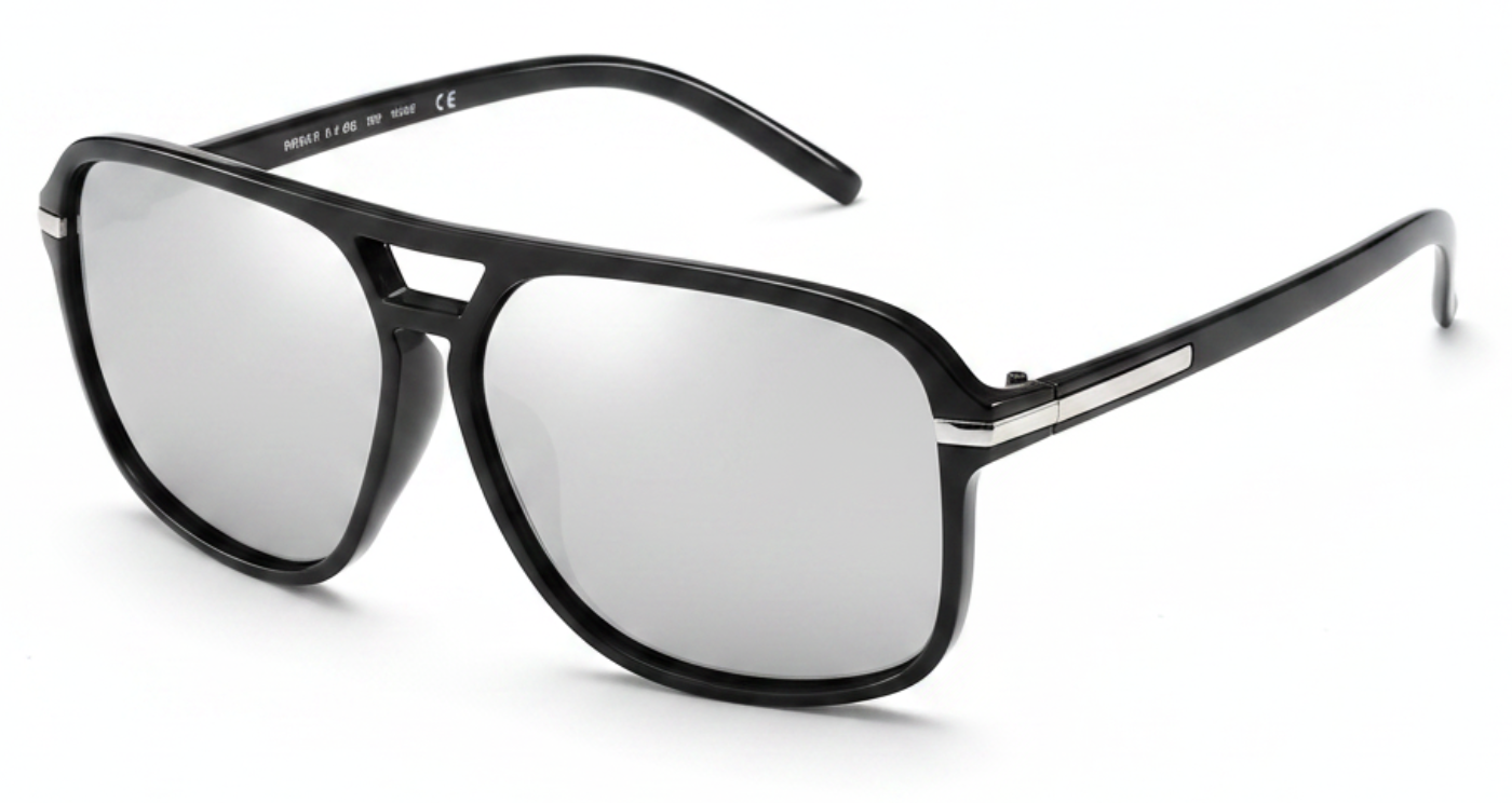 Missandtrendy Piccadilly Aviator sunglasses with black frame and mirror grey lens 45º side view new style