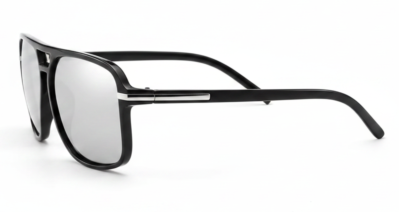 Missandtrendy Piccadilly Aviator sunglasses with black frame and mirror grey lens 90º side view new style