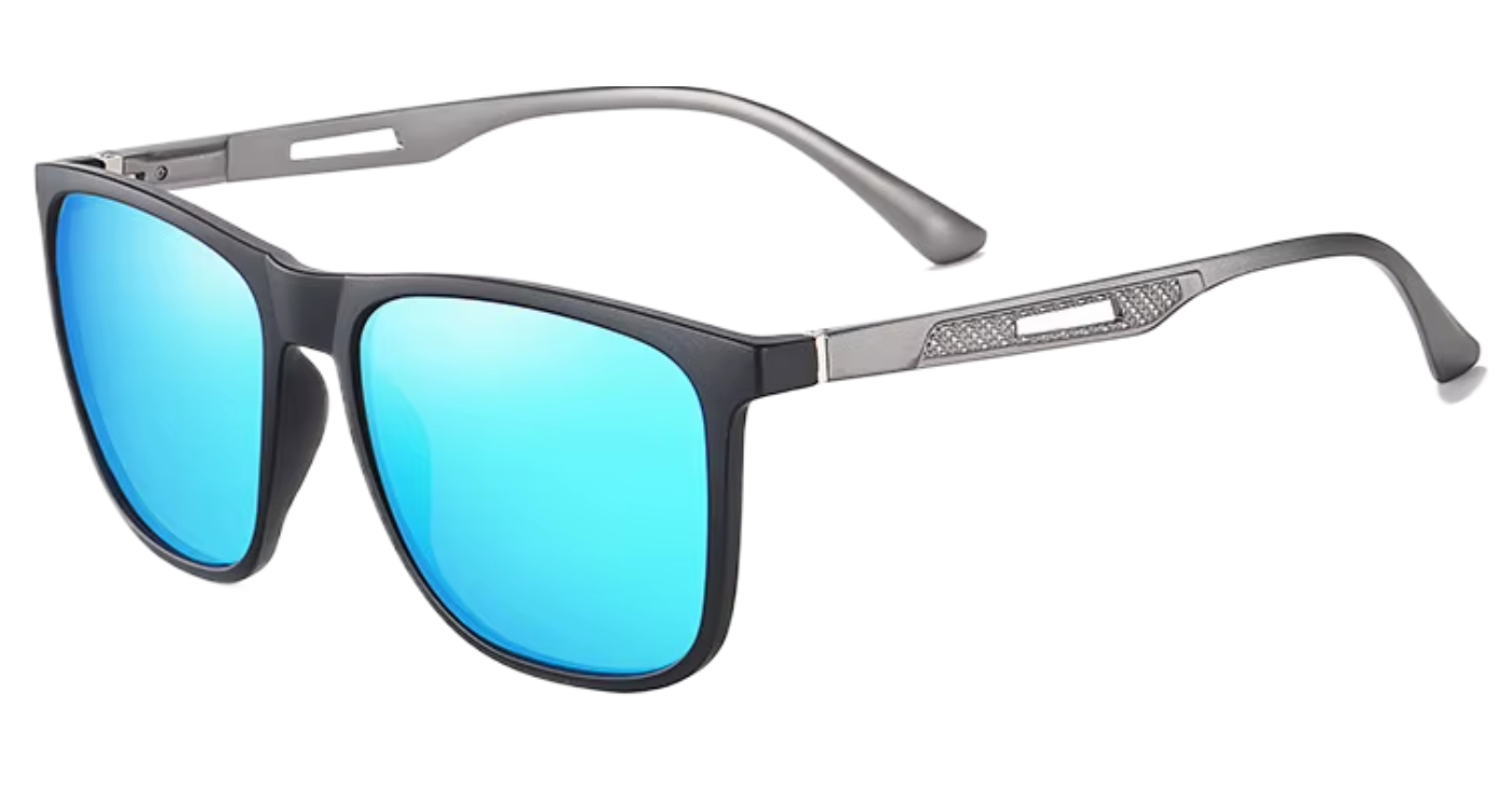 Missandtrendy soho square sunglasses with grey metal frame and mirror turquoise lens 45º side view_new