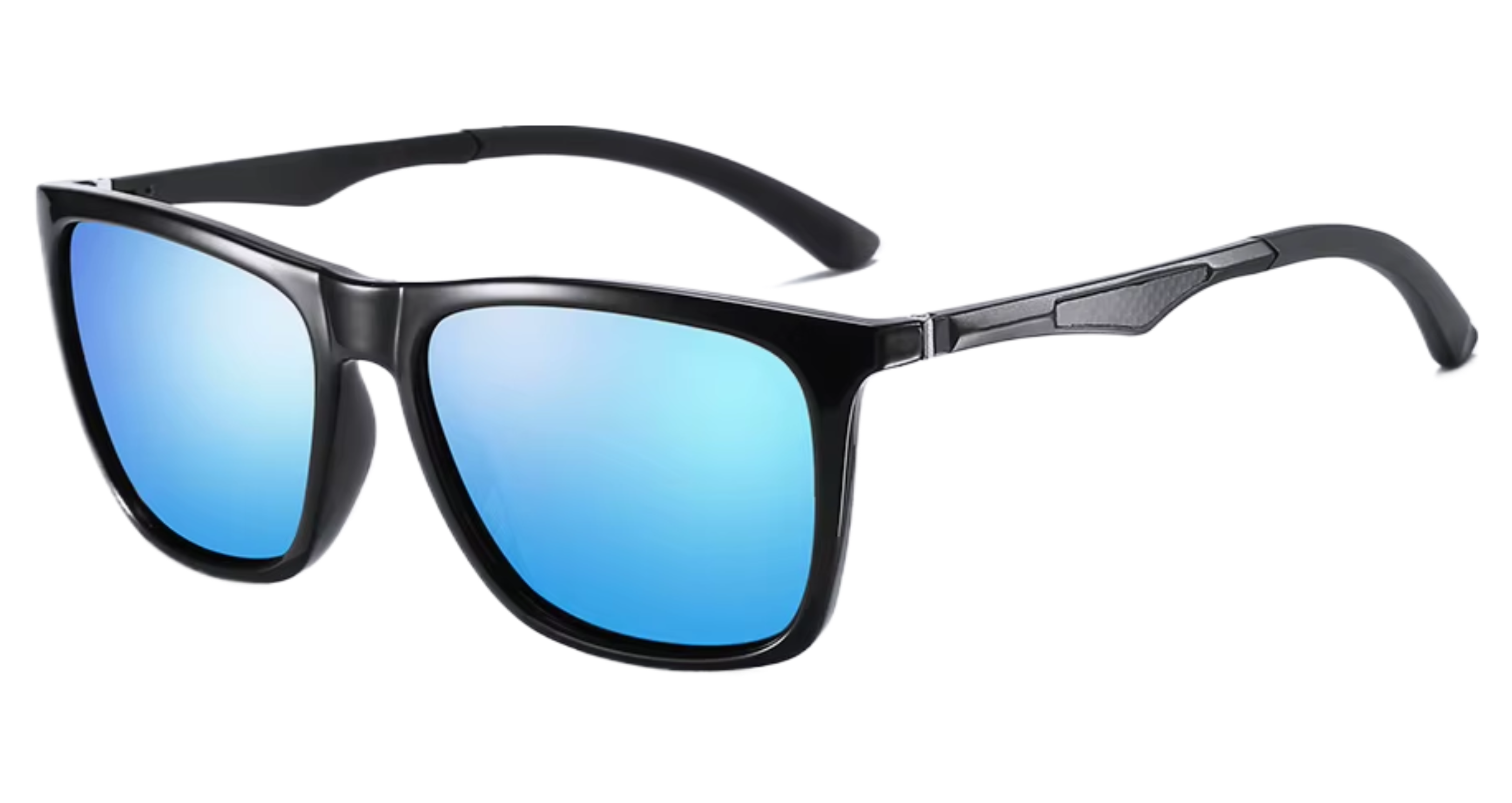 Touring - Black square UV 400 polarised sunglasses with mirrored blue lenses, shown at a three-quarter angle on a plain white background - Missandtrendy