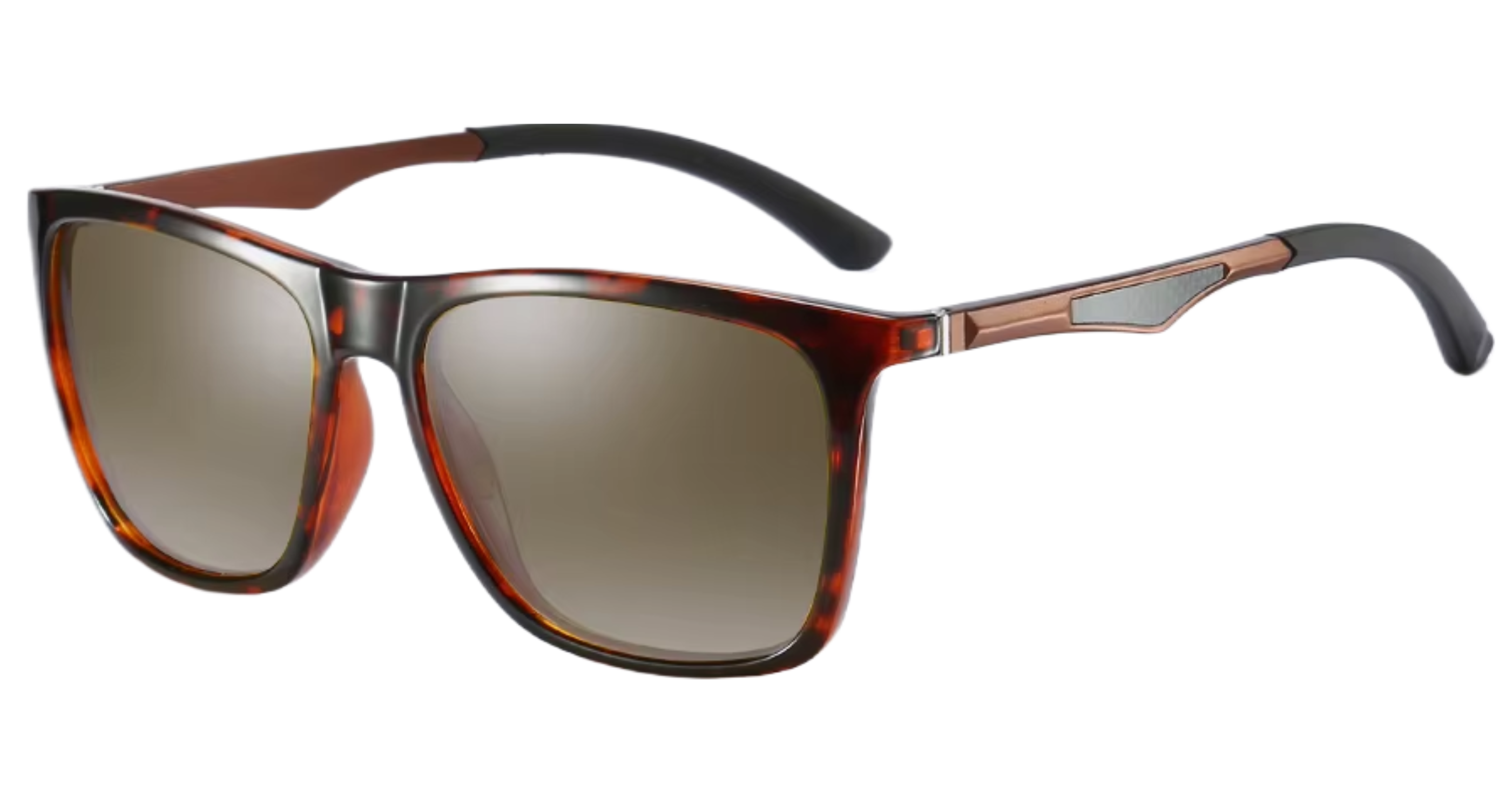 Touring - A pair of oversized square sunglasses with a translucent tortoiseshell frame in brown and amber tones, bronze metal temples, and brown gradient lenses, shown on a plain white background - Missandrendy