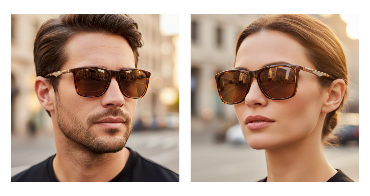 Touring - A split-screen lifestyle image showing a man and a woman wearing tortoiseshell UV 400 porlarised sunglasses with brown lenses in an outdoor city setting - Missandtrendy