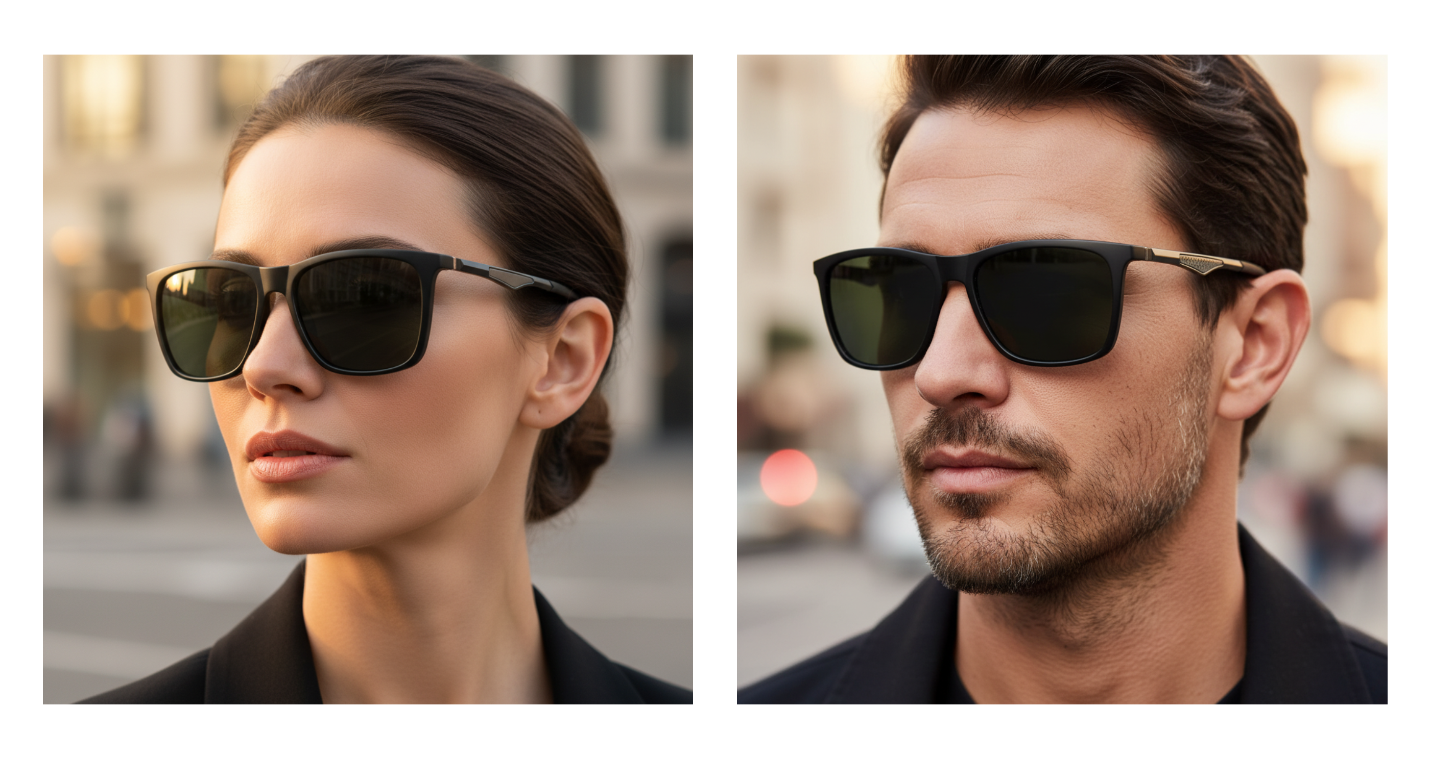 Touring - Two side-by-side portrait views of a person wearing dark UV 400 polarised sunglasses in an outdoor urban setting. The left shows a woman in profile, and the right shows a man in partial profile, both wearing black-framed sunglasses with dark lenses and light metallic temples Missandtrendy -