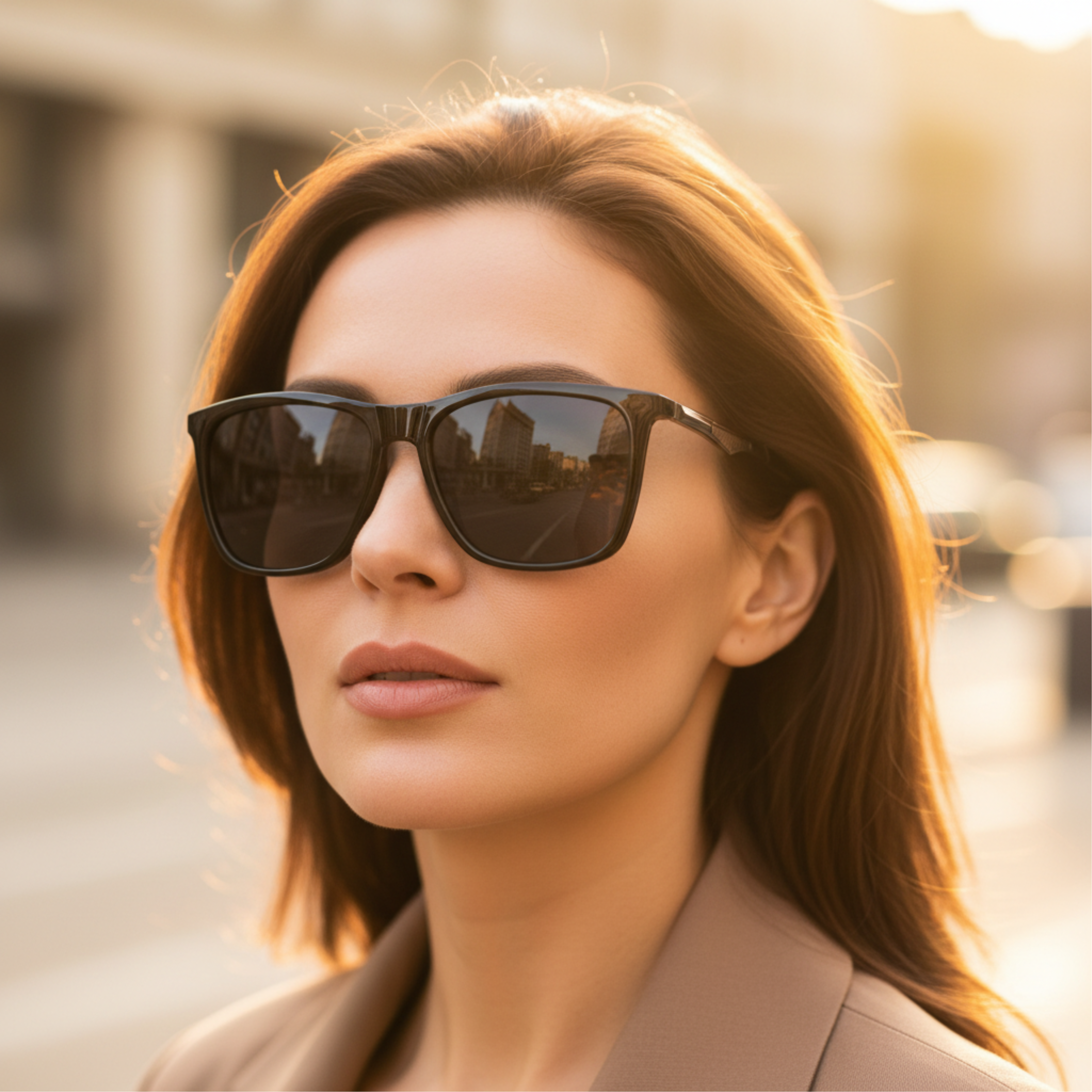 Touring - A woman with long brown hair wearing black square UV 400 polarised sunglasses with dark lenses and a beige blazer, photographed outdoors in warm golden-hour light with a blurred city background - Missandtrendy