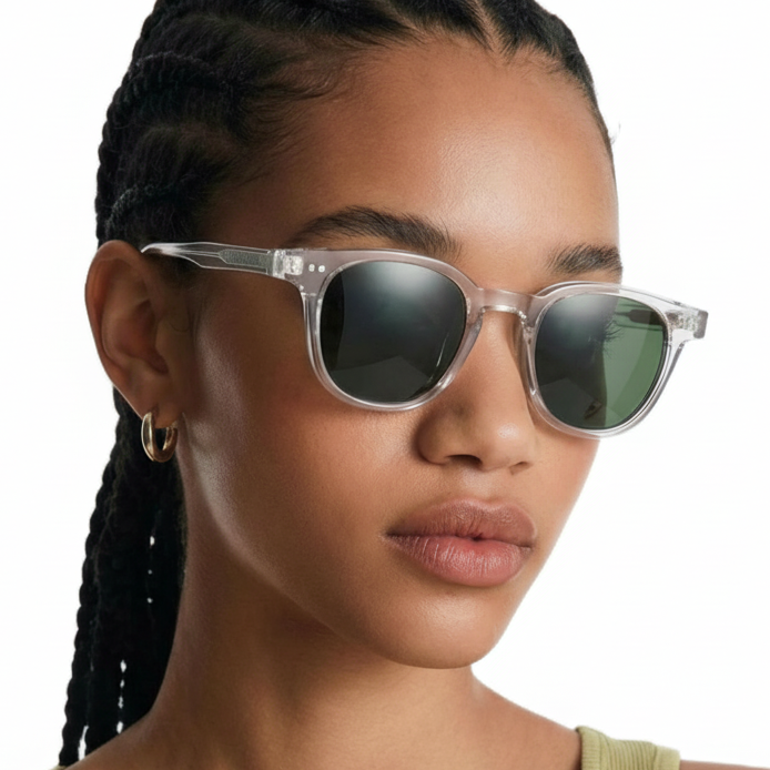 Woman wearing Candice clear transparent frame and green lens round sunglasses by Missandtrendy front_45º side view_new_01