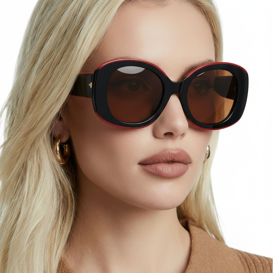 Woman wearing Diva burgundy frame and brown lens oversized sunglasses by Missandtrendy 45º side view_02