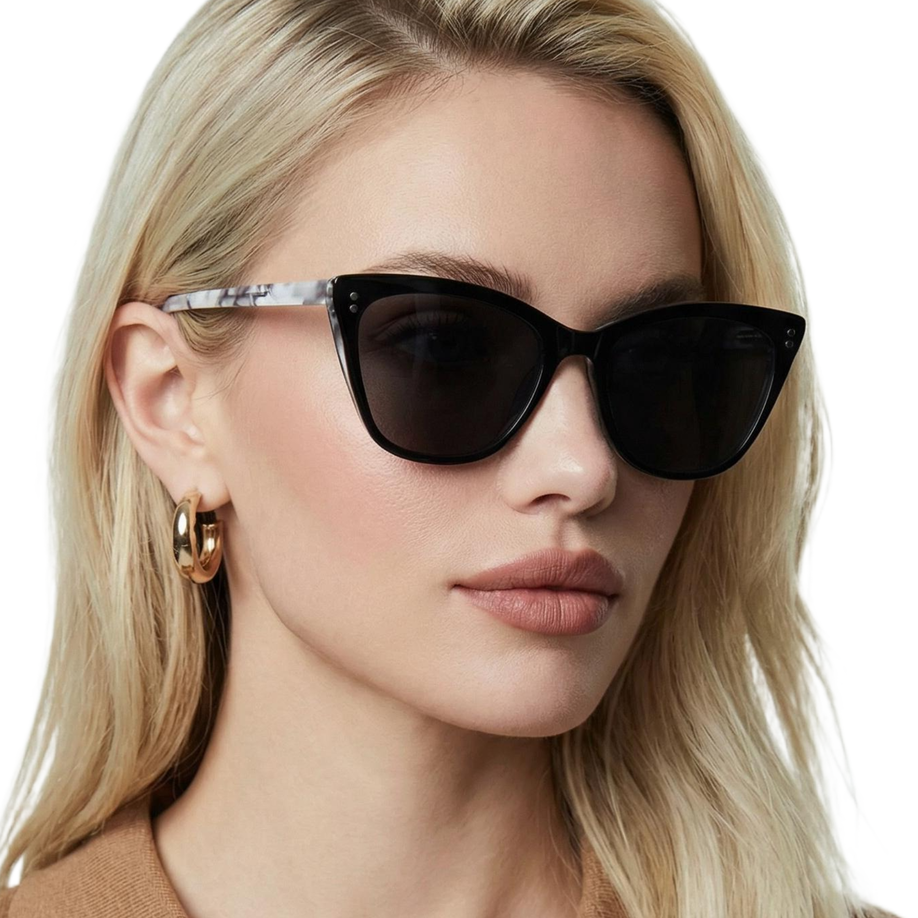 Woman wearing Kate clear brown frame and black clip lens butterfly sunglasses by Missandtrendy 45º side view new