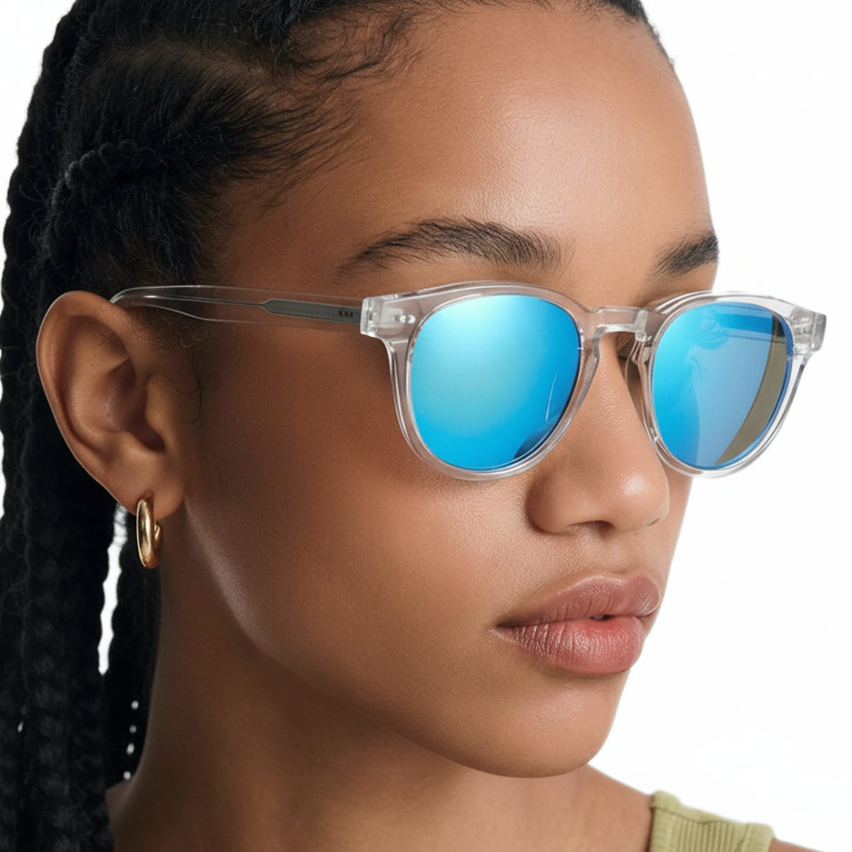 Woman wearing Missandtrendy Highway round sunglasses with clear transparent frame and mirror turquoise lens 45º side view 02