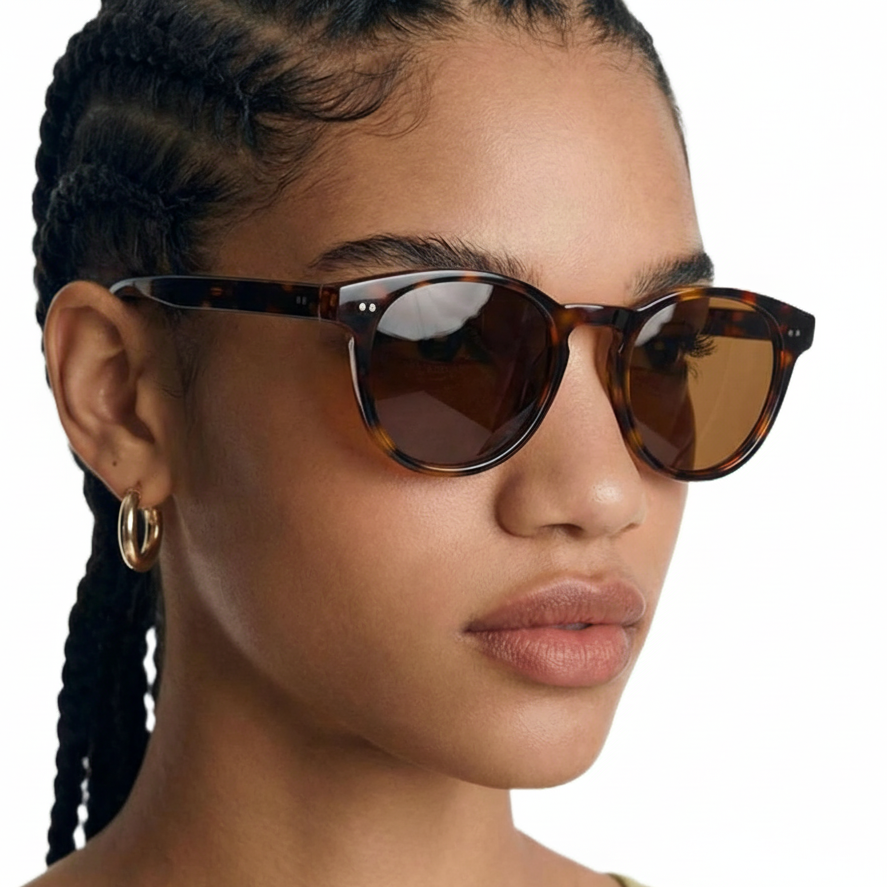 Woman wearing Missandtrendy Highway round sunglasses with tortoiseshell brown frame and brown lens front side view_new_02