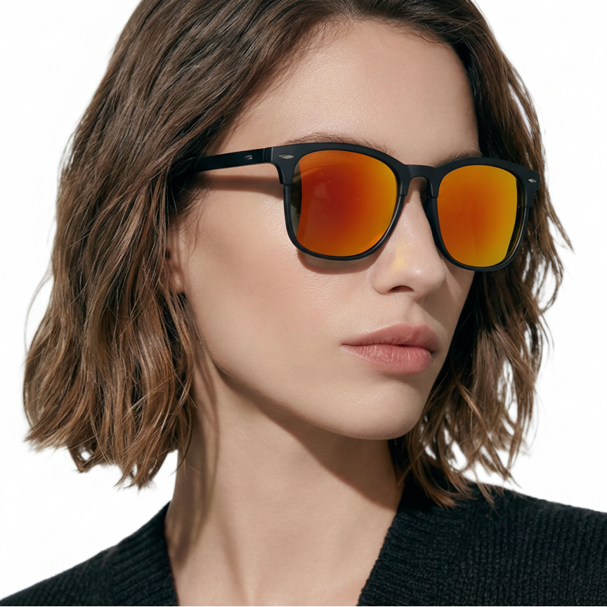 Woman wearing Missandtrendy Piccadilly wayfarer sunglasses with black frame and mirror orange lens 45º side view_01