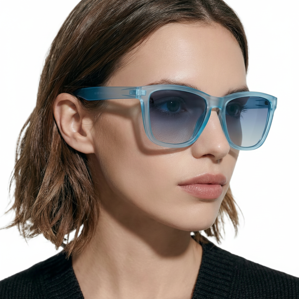 Woman wearing Missandtrendy rainbow wayfarer polarised uv400 sunglasses with clear blue frame and blue lens 45º side view 01