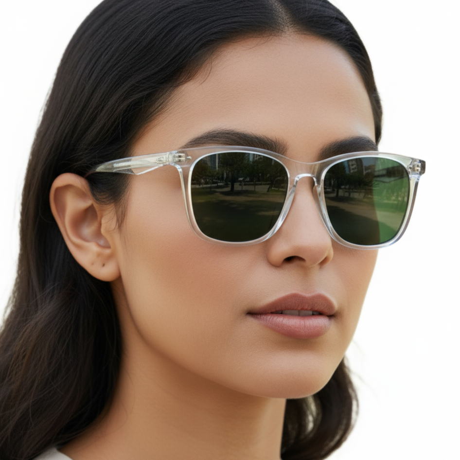 Woman wearing Missandtrendy silhouette wayfarer sunglasses with clear transparent frame and green lens 45º side view_0
