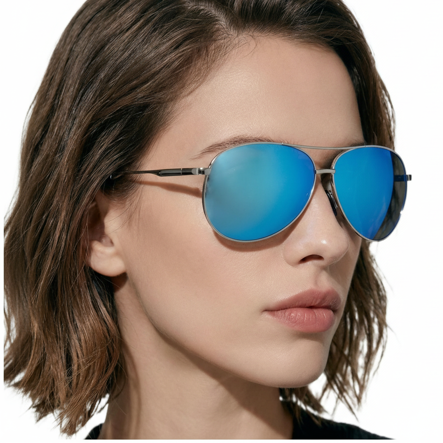 Woman wearing Retro Aviator silver metal frame and mirror blue lens sunglasses by Missandtrendy side view_main_01