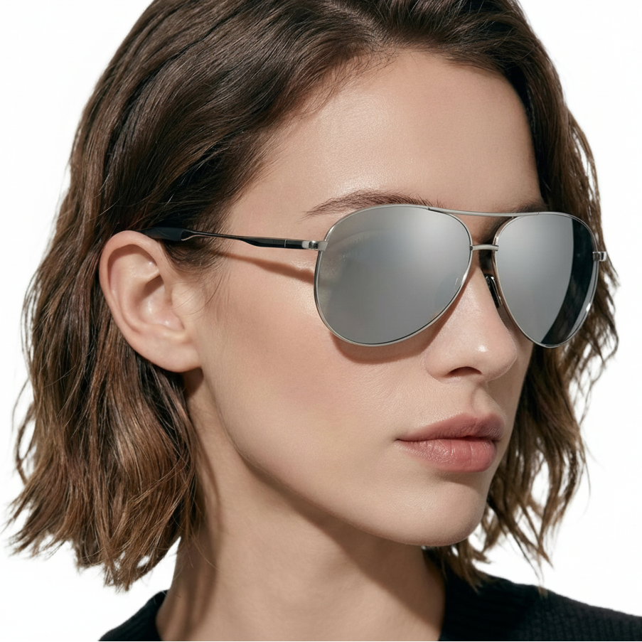 Woman wearing Retro Aviator silver metal frame and mirror grey lens sunglasses by Missandtrendy 45º side view_main_01