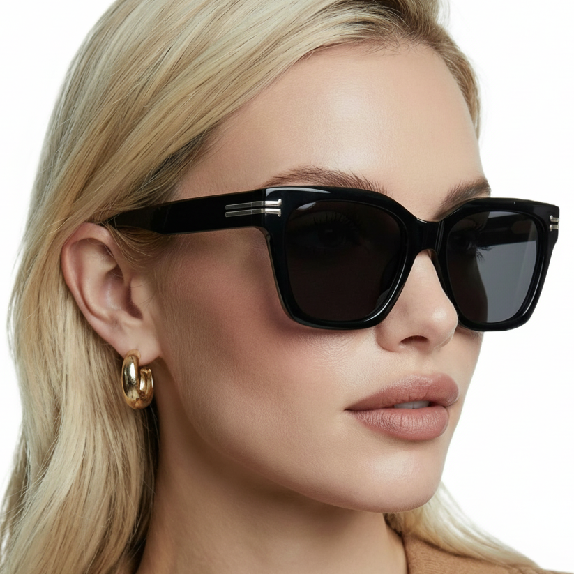 Woman wearing catwalk black frame and black lens sunglasses by Missandtrendy 45º side view_Butterfly__02