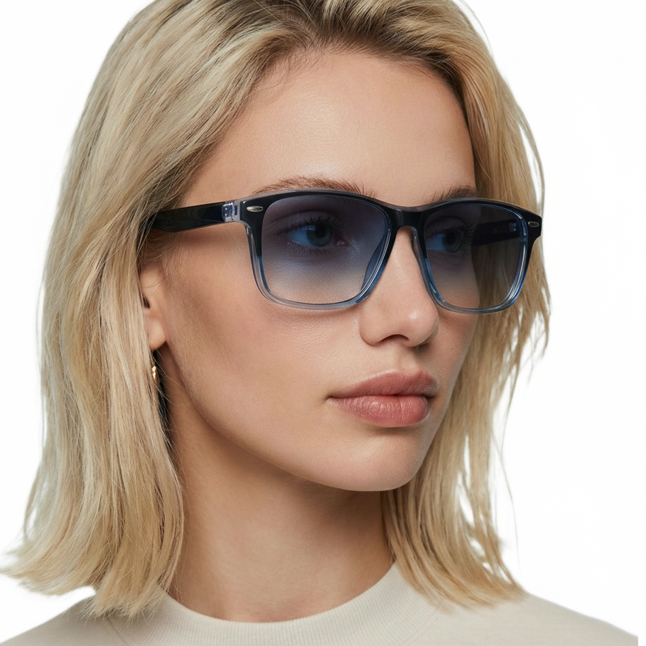 Woman wearing crystal black frame and gradient blue lens wayfarer sunglasses by Missandtrendy 45º side view_01