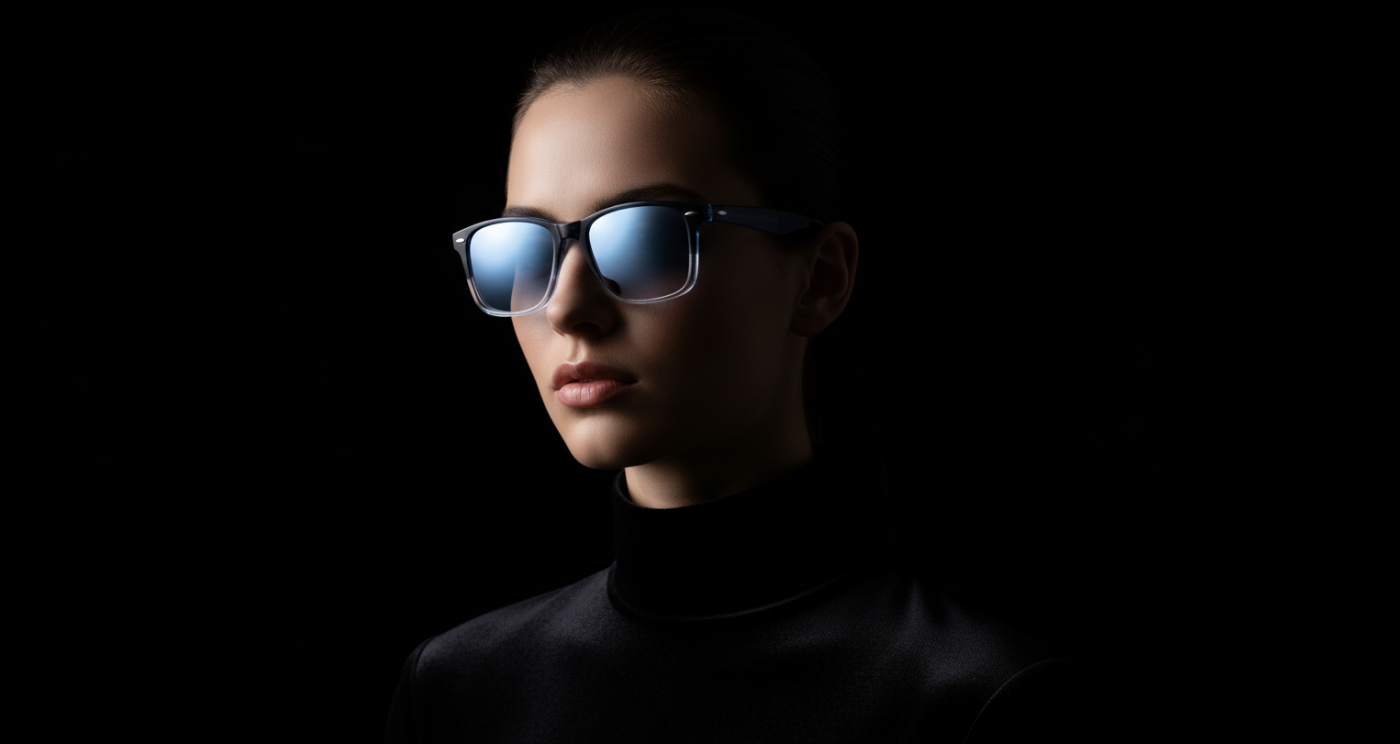 Woman wearing Edinburgh black frame and gradient blue lens wayfarer sunglasses by Missandtrendy 45º side view new style