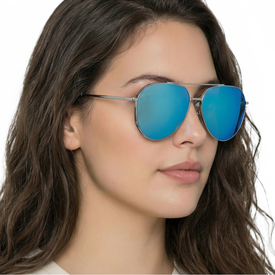 Woman wearing future silver frame and mirror blue lens aviator polarised UV400 sunglasses by Missandtrendy 45º side view main_01