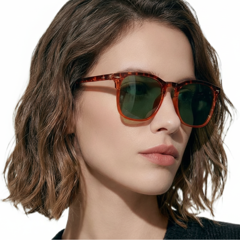 Woman wearing piccadilly tortoiseshell frame and green lens wayfarer sunglasses by Missandtrendy 45º side view_01