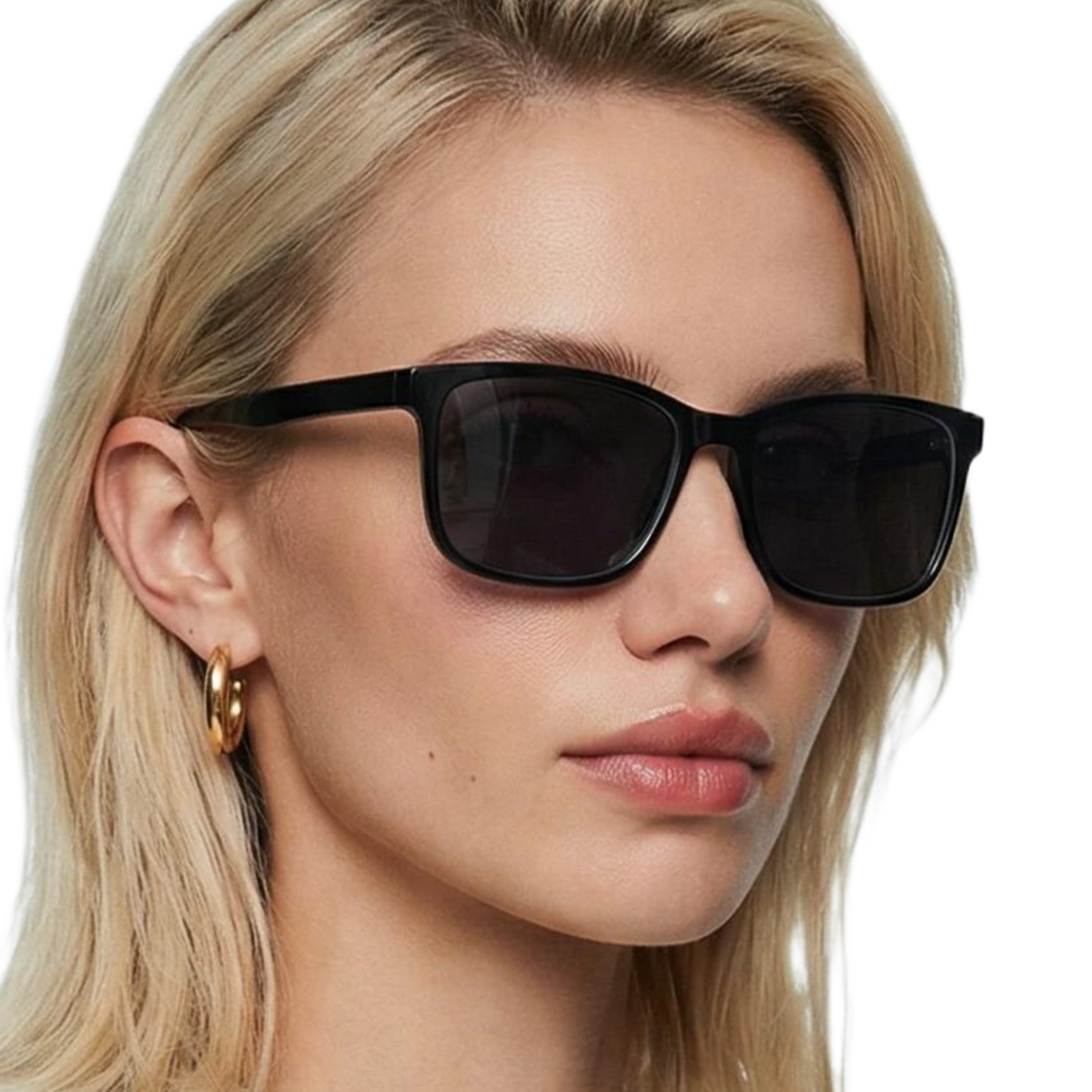 Woman wearing waves black frame and black lens rectangular sunglasses by Missandtrendy 45º side view_0