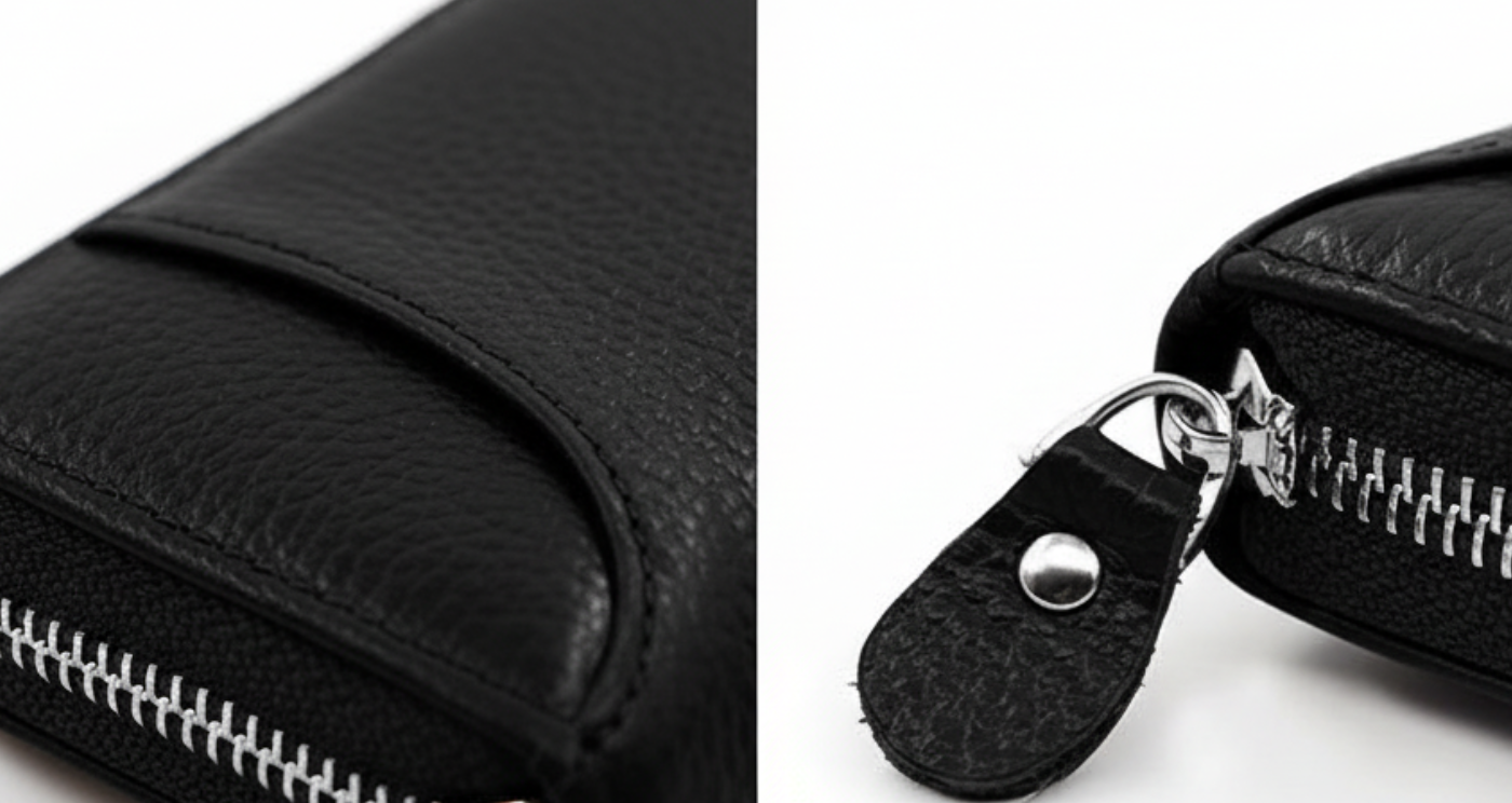 Black pebbled leather zip-around wallet shown in a close-up split view, with one panel showing the front pocket and zipper and the other showing the zipper pull tab on a white background.