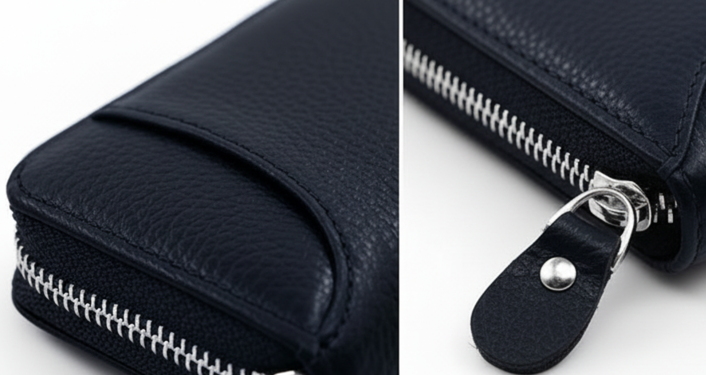 Close-up of a dark navy pebbled leather zip-around wallet, showing the front pocket edge with a silver zipper on the left and the side zipper pull tab on the right, set against a clean white background.