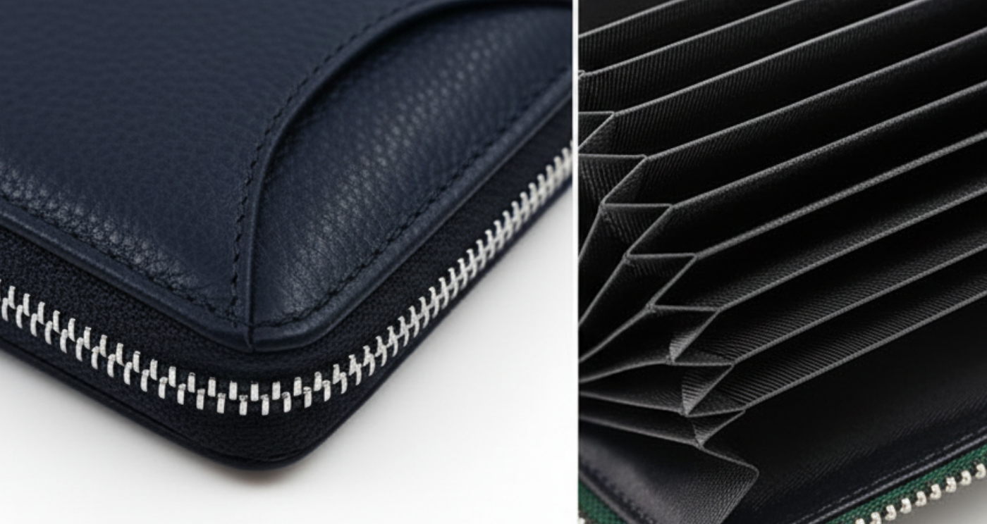 Close-up of a dark navy leather zip-around wallet, showing the pebbled texture, silver zipper, and multiple card slots inside.