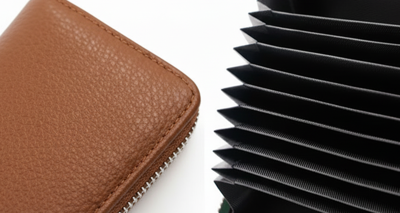 Missandtrendy Women Genuine Leather Zipper RFID Wallet brown detail display.,